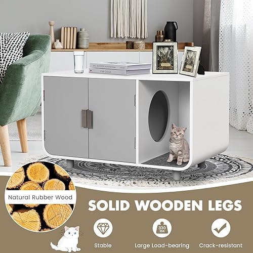 Miniatura 7 de Tangkula Mueble de caja de arena para gatos, baño oculto para gatos con patas y tapetes de madera de goma, casa interior para gatos de tamaño