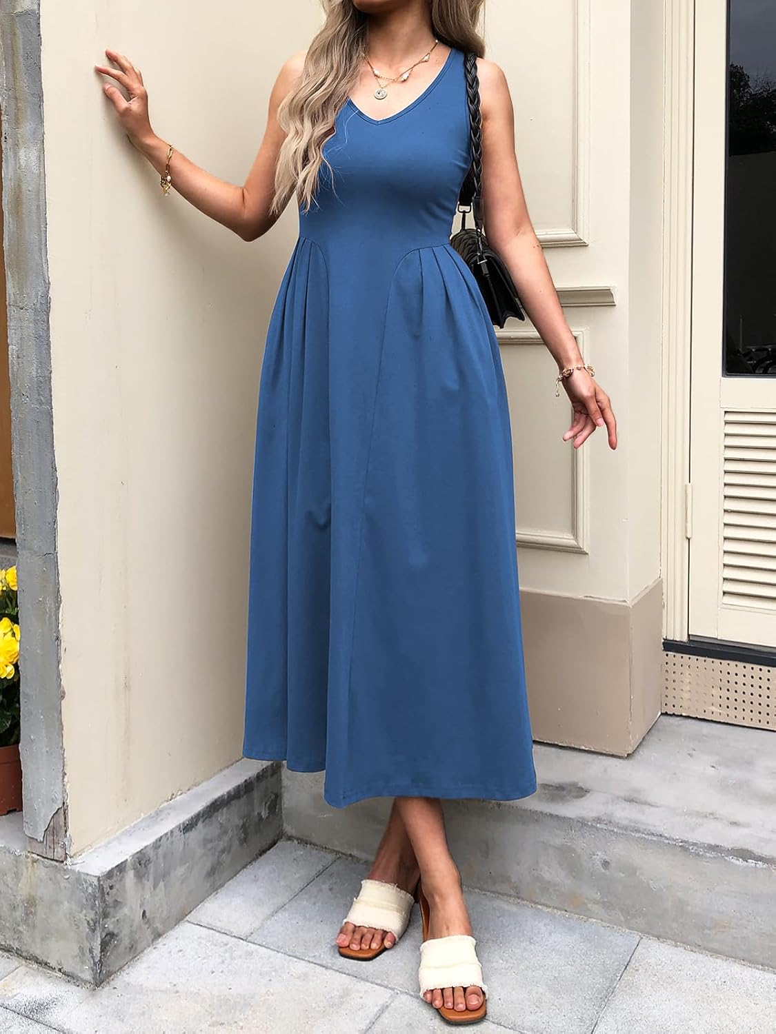Women Summer Sleeveless Casual Dresses Pleated Waist Elegant Midi A-Line Flowy Swing Dress Sundress with Pockets - Image 5