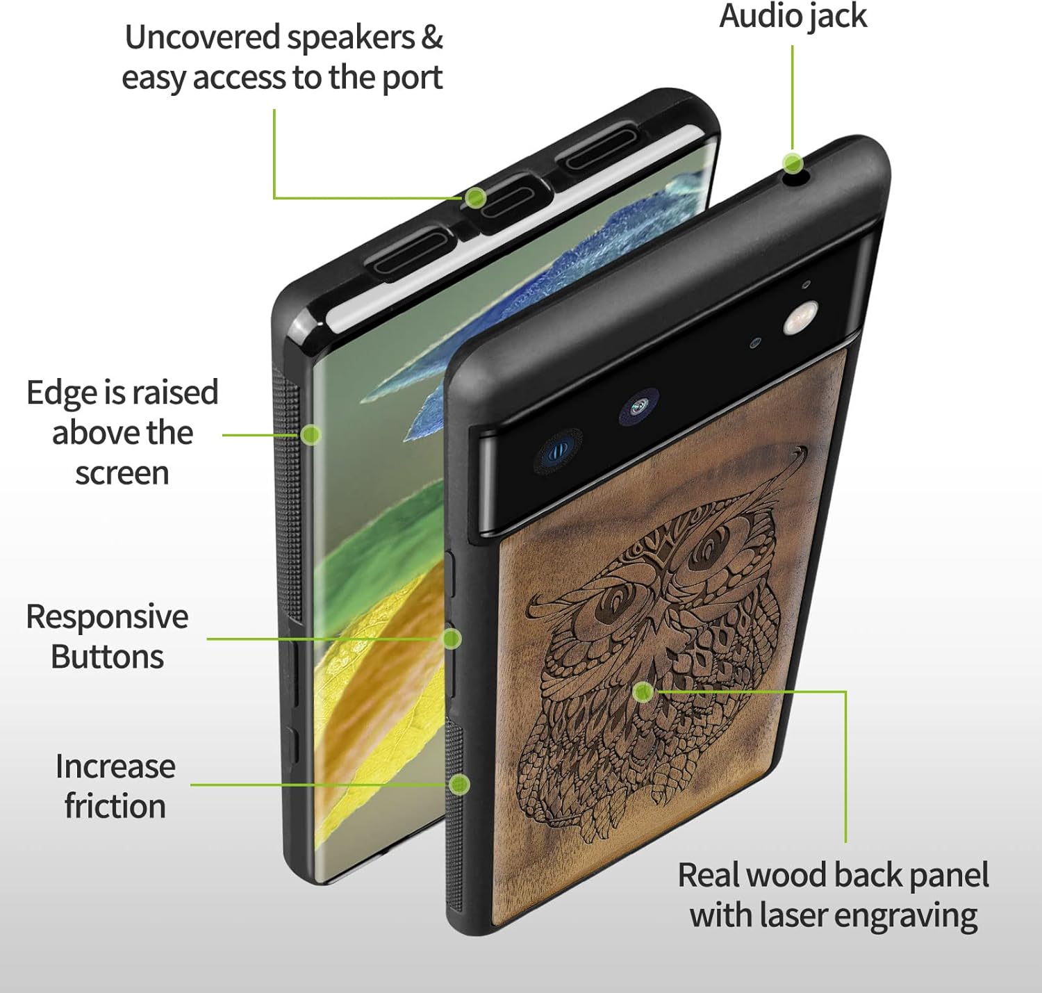 Carveit Wood Case for Pixel 6 Pro Case [Natural Wood & Black Soft TPU] Shockproof Protective Unique & Classy Wooden Cover Compatible with Google Pixel 6 Pro (Mandala Owl-Walnut)