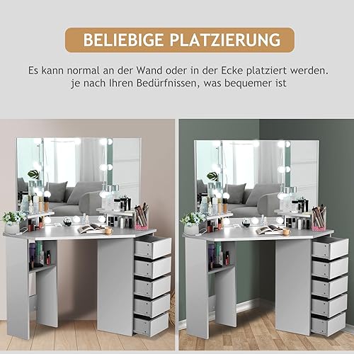 Miniatura 4 de Escritorio de tocador con espejo y luces, tocador de esquina de maquillaje con 5 cajones de almacenamiento y 3 opciones de iluminación regulable y