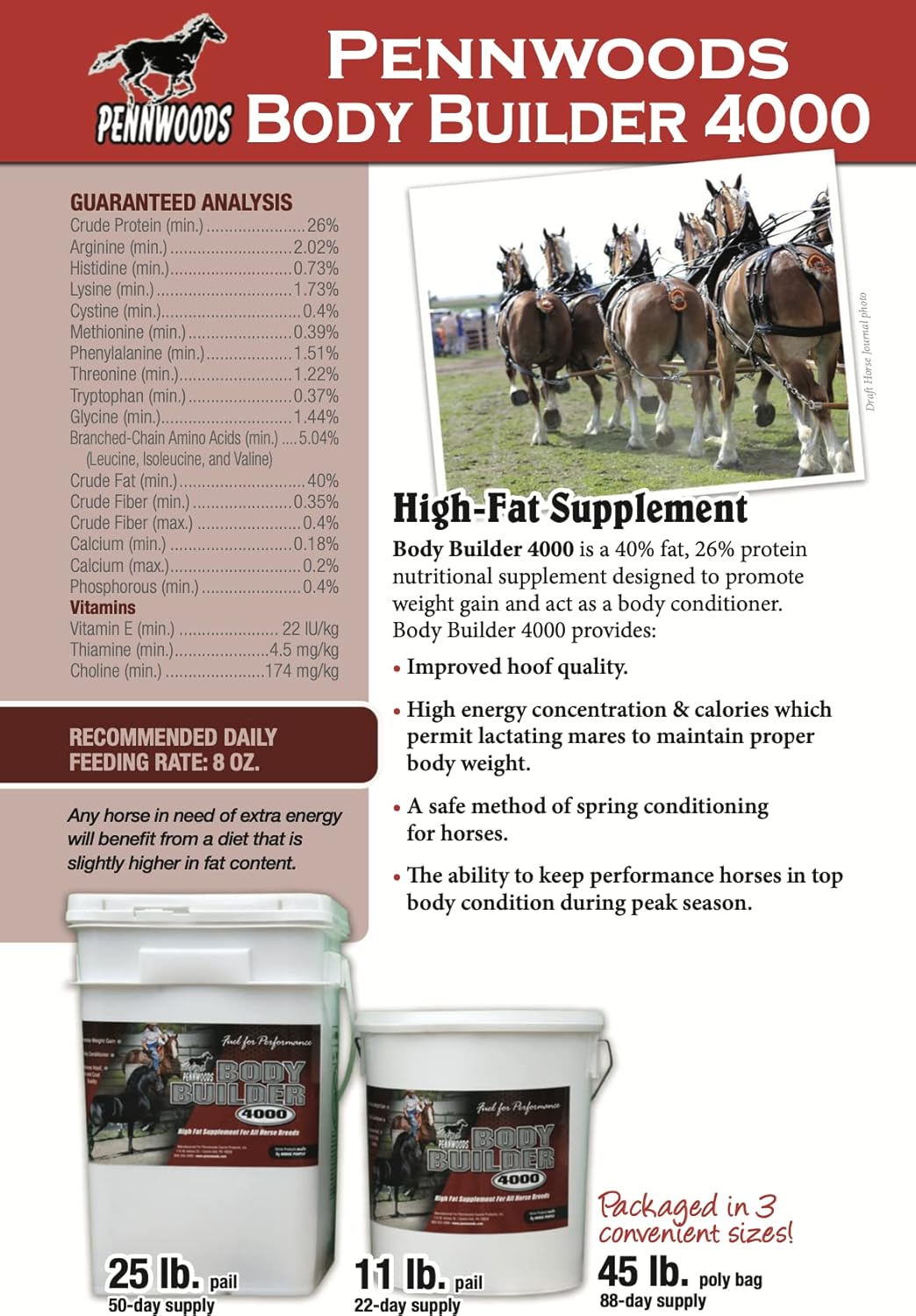 Pennwoods Body Builder 4000, Horse Weight Gain Supplement, High Fat and Energy Horse Weight Builder with Body Conditioning Horse Vitamins, Improves Hoof Quality - 11 LB Bag : Horse Nutritional Supplements And Remedies : Pet Supplies