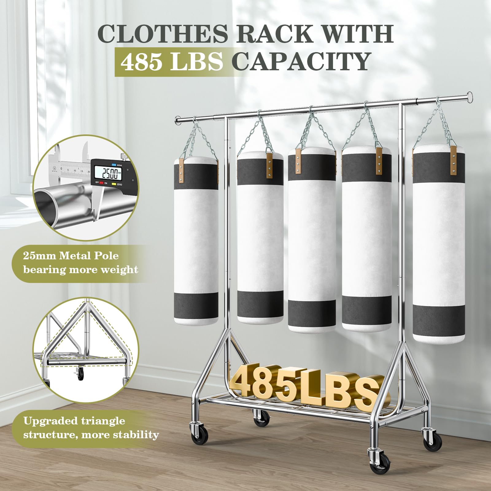 Holiwei Clothes Rack Load 450 LBS, Heavy Duty Garment Rack, Standing Rolling Metal Hanging Clothes with Sturdy Wheels & Shelves, Silver