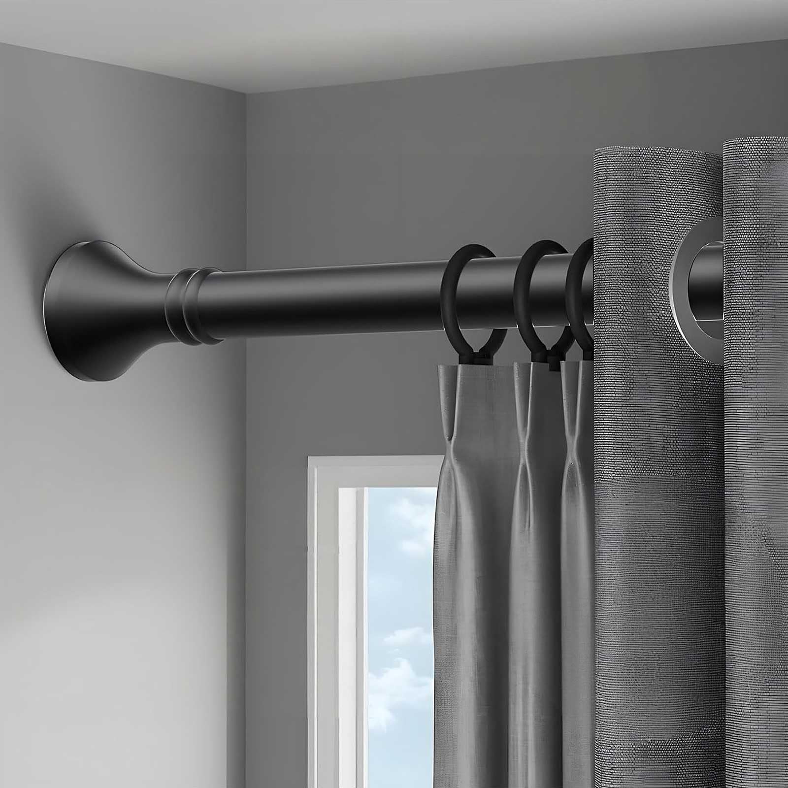 Tension Shower Curtain Rod No Drilling with Rings, Stainless Steel Adjustable Window Curtain Rod for Home, Bathroom, Closet, 16-197 In(Black,210-300cm/83-118in)
