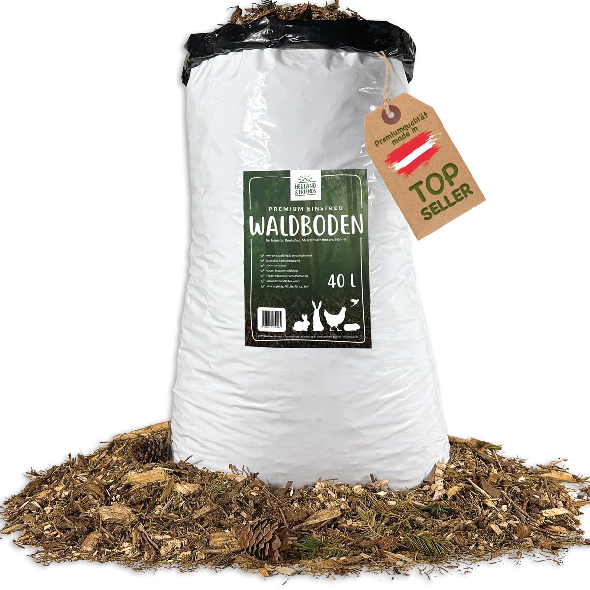 HEULAND Waldboden-Einstreu 40 L – natürliches Einstreu mit Tannen & Fichtennadeln – extrem saugstark & geruchsbindend – für Kaninchen, Meerschweinchen, Hühner & Nager