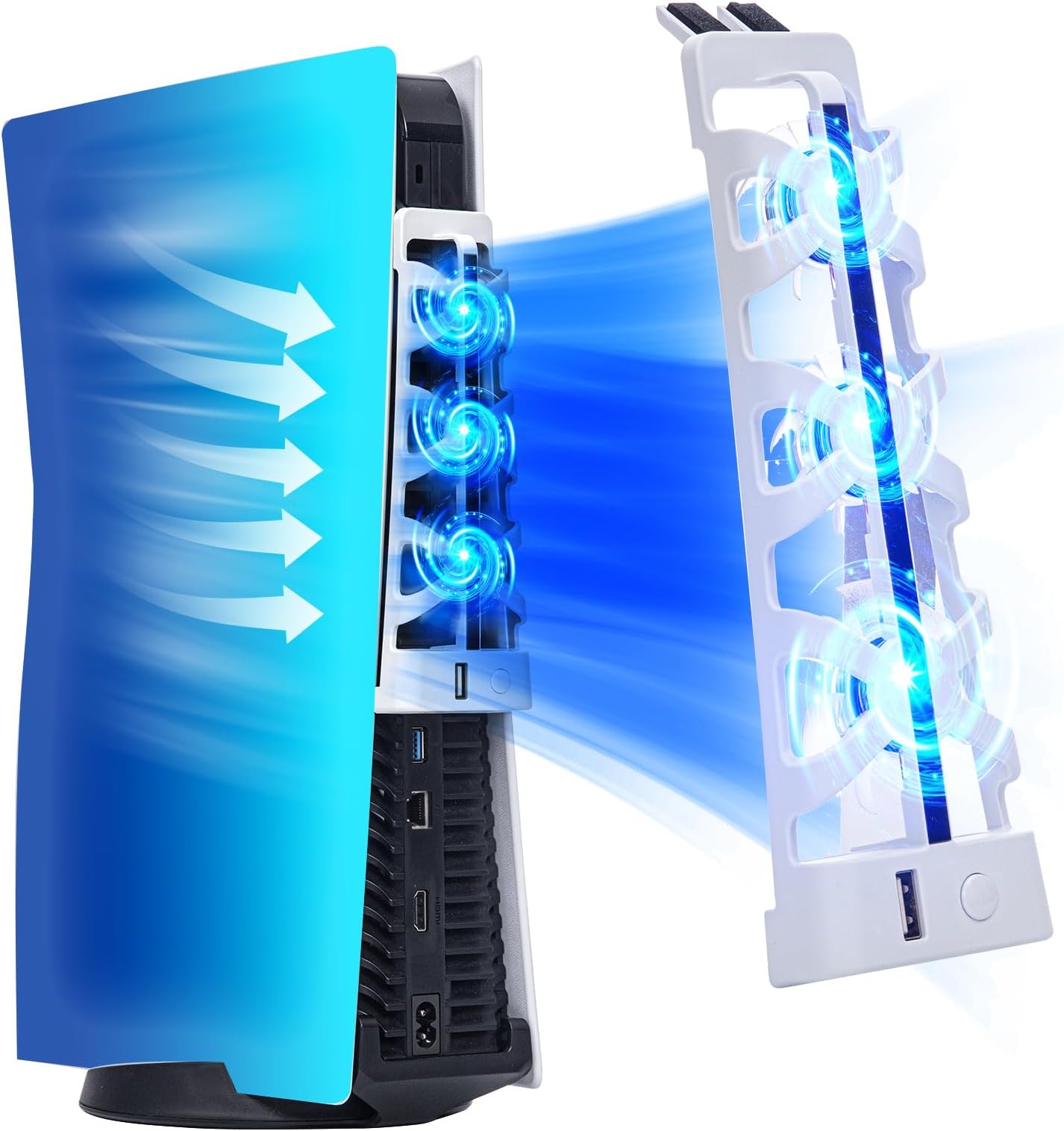 PS5 Cooling Fan with LED Light & USB Port, Quiet External Fan for PlayStation 5 Digital/Disc Console, White (Not Compatible with Slim/Pro)