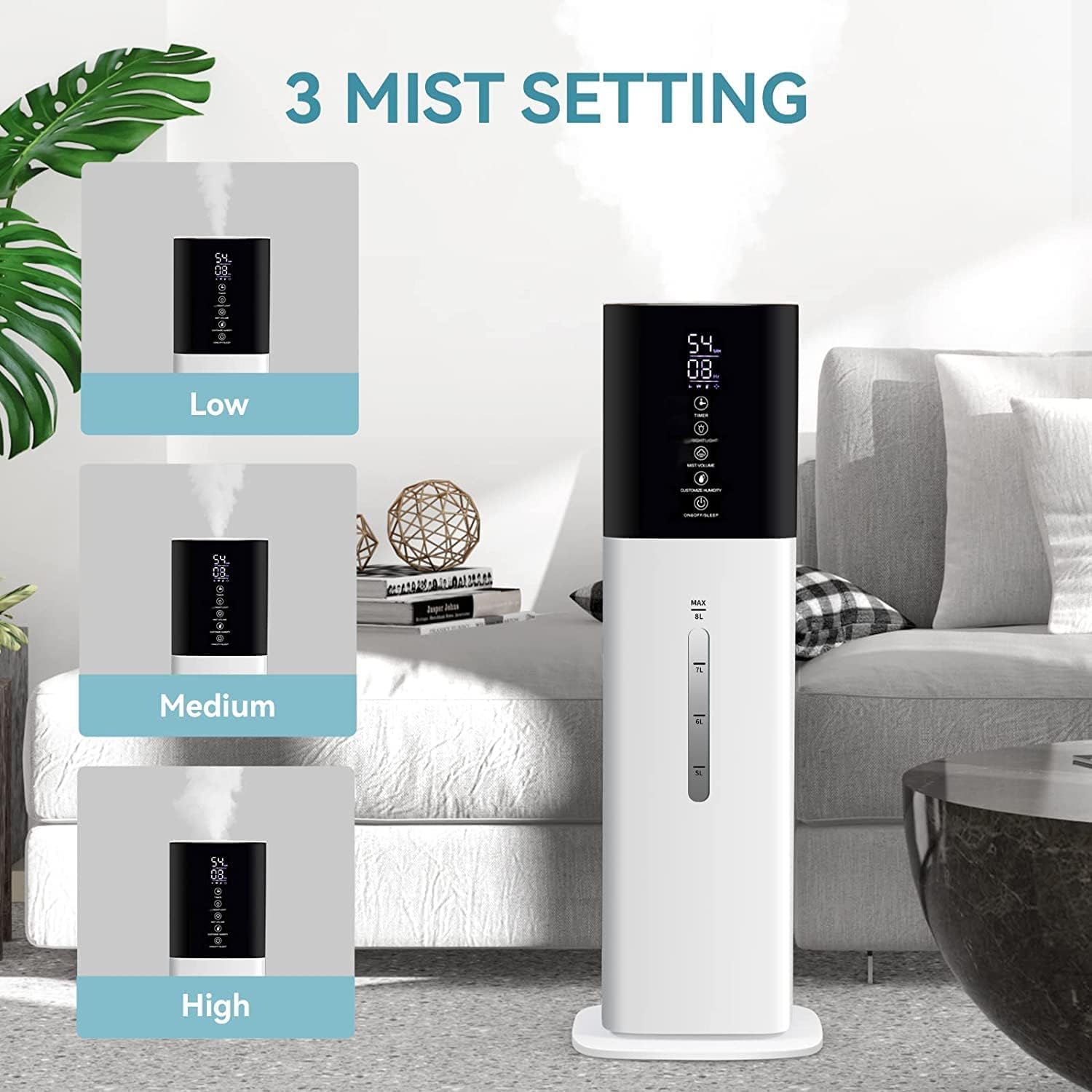 Humidifiers for Home, 8L Water Tank, Essential Oil Diffuser, Top Fill Humidifier, Low Noise, Cool Mist Humidifiers for Large Room, 3 Mist Level, 12H Timer, Customized Humidity, 360° Nozzle