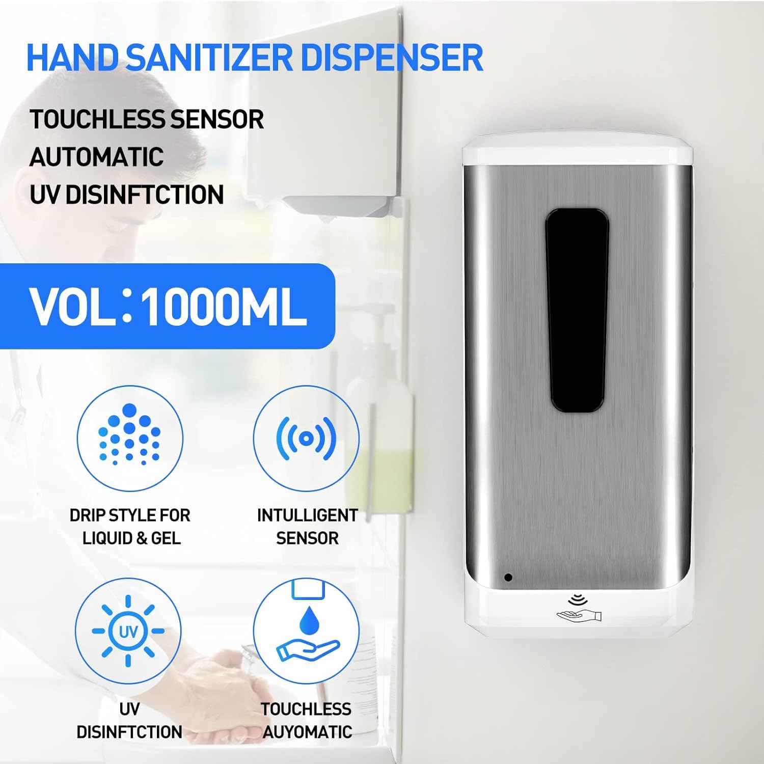 Automatic Hand Sanitizer Dispenser, Jewaytec 1000ML Wall Mounted Stainless Soap Dispenser Touchless Auto Liquid Dispenser for Office, Home, Restaurant - Image 2
