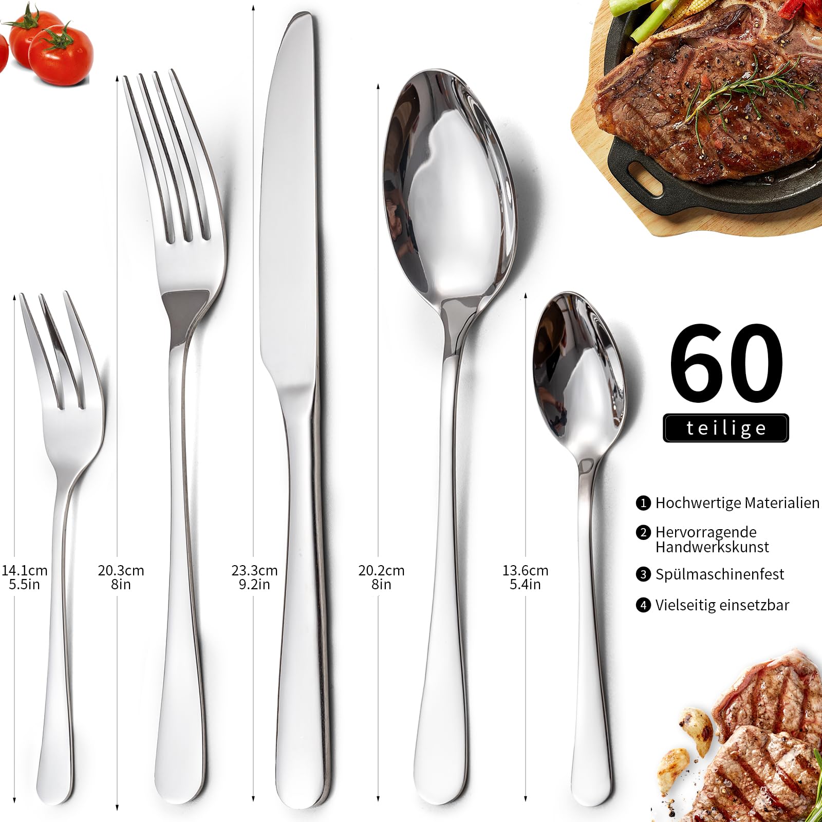 Besteck Set, Edelstahl Spiegelpoliert 60 teilig Besteckset für 12 Personen, Essbesteck Set mit Messer Gabel Löffel für Familie/Party/Hotel/Restaurant, Silber Tafelbesteck, Spülmaschinenfest