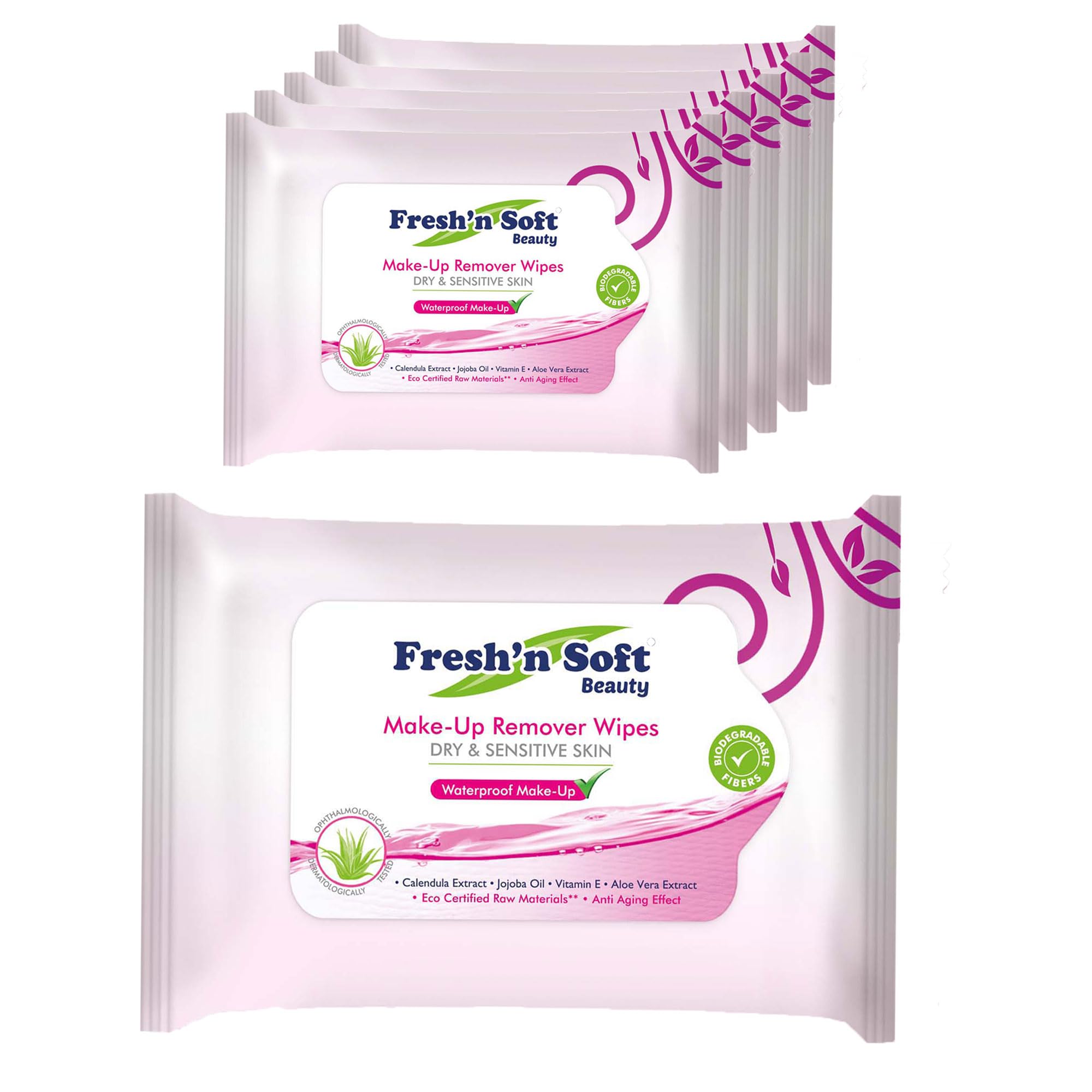 Fresh'n Soft Lingettes Démaquillantes Waterproof Peaux Sèches&Sensibles, Effet Anti-Âge, Enrichies en Extrait d’Huile d’Olive, Noix de Macadamia, Camomille et Vitamine E (125 Unité Seché (Lot de 5))