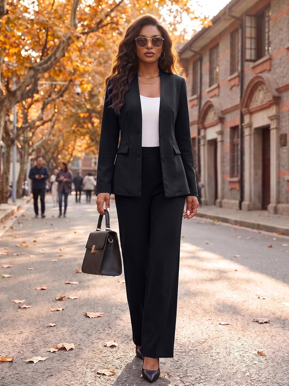 Women's 2 Piece Suits Business Casual Outfits Straight Wide Leg Pants Suits Professional Office Work Outfits