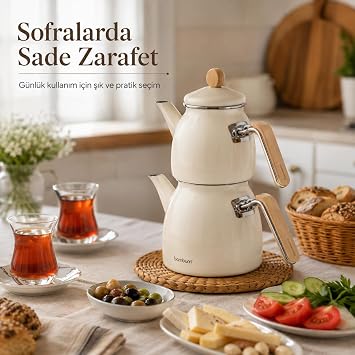 Sultan - Bambu Kulplu Emaye Çaydanlık Takımı Krem