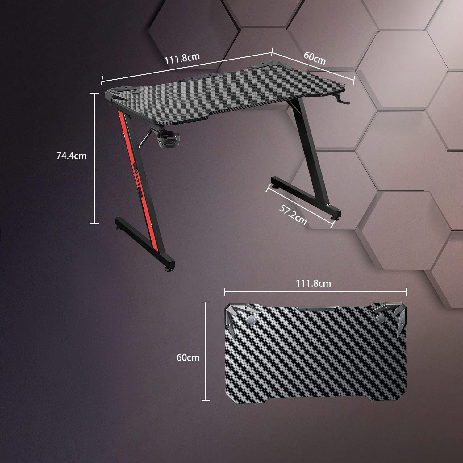 Victone Gaming Desk, 44.1 x 23.6 x Height 29.1 inches (112 x 60 x 74.4 cm), Computer Desk, Z Leg, Computer Desk, Game Desk, Office Desk, Work Desk, Carbon Fiber Top Plate, Cup Holder and Headphone