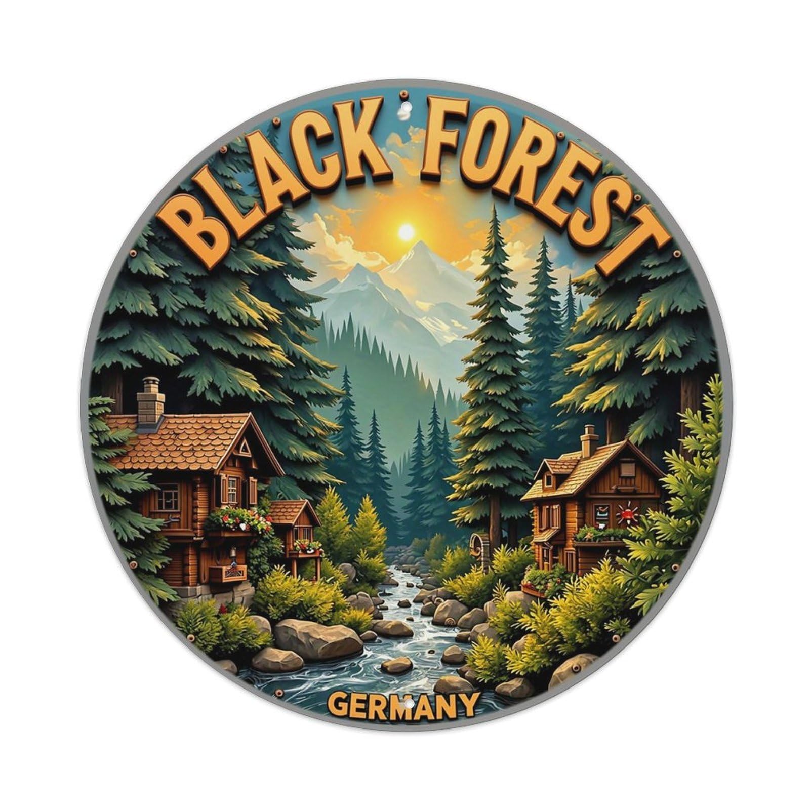 Black Forest Cabin Stream Mountains Germany Metal Tin Sign Plaque