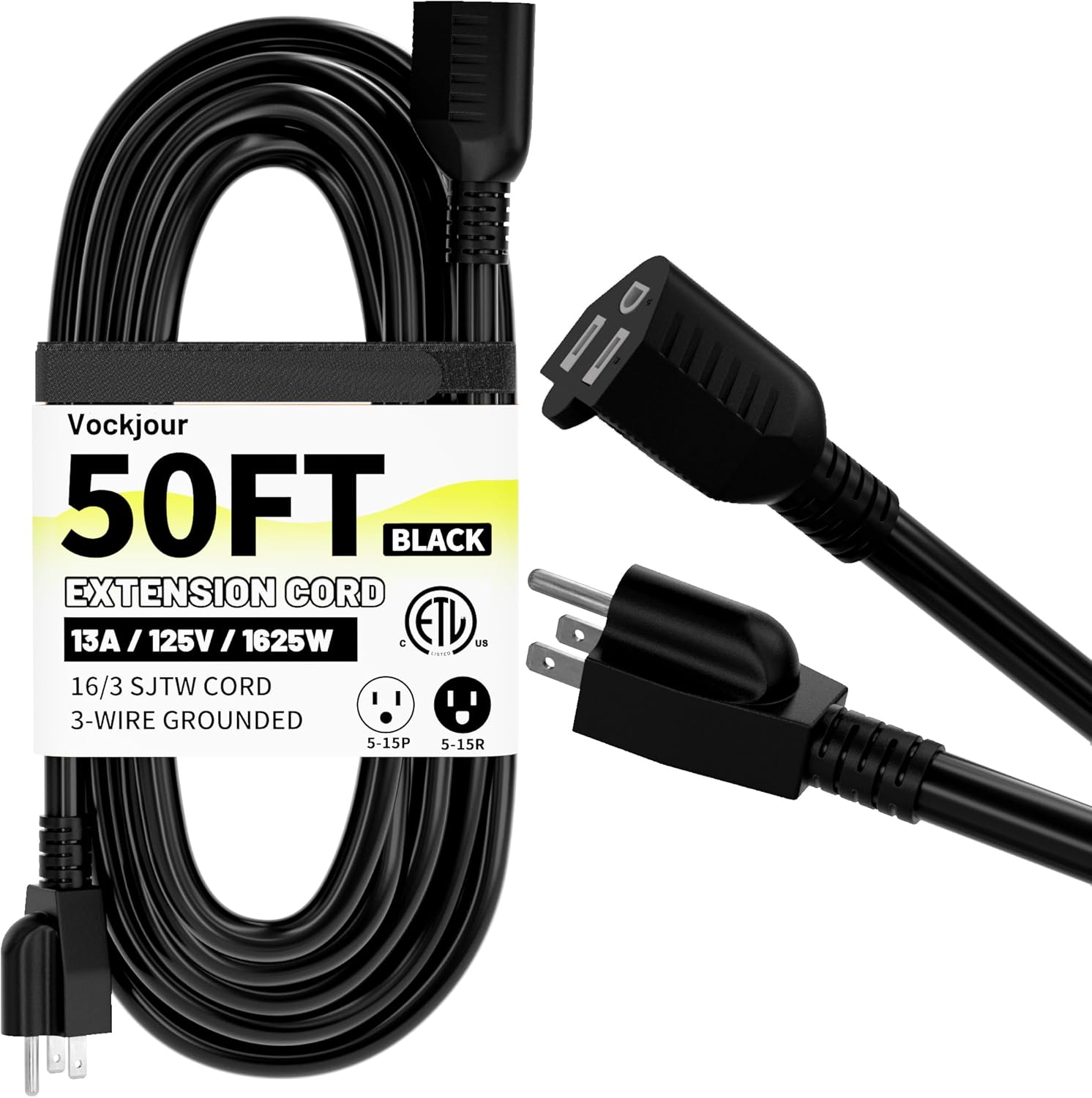 16/3 Black Indoor Outdoor Extension Cord 50 Ft Waterproof, Extension Cord with 3 Prong Grounded Plug,13A 1625W 16AWG SJTW, Flexible Weatherproof Power Cable for Offices, Gardens and Lawns