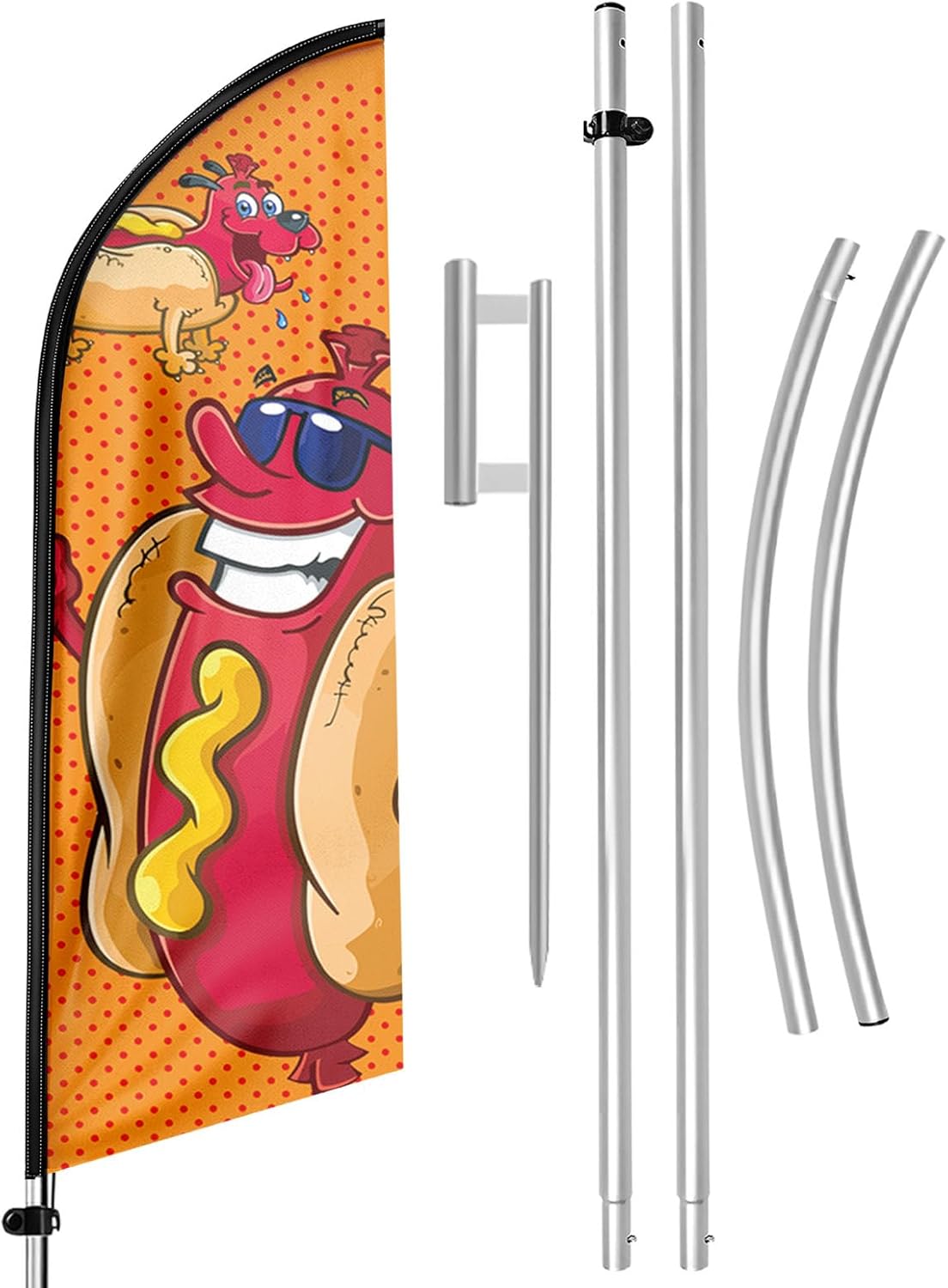 Hot Dog Feather Flag Kit, 11FT Swooper Banner for Outdoor Hot Dog Stands, Food Trucks, Restaurants, Events Advertising, with Aluminum Pole, Ground Spike & Carrying Bag