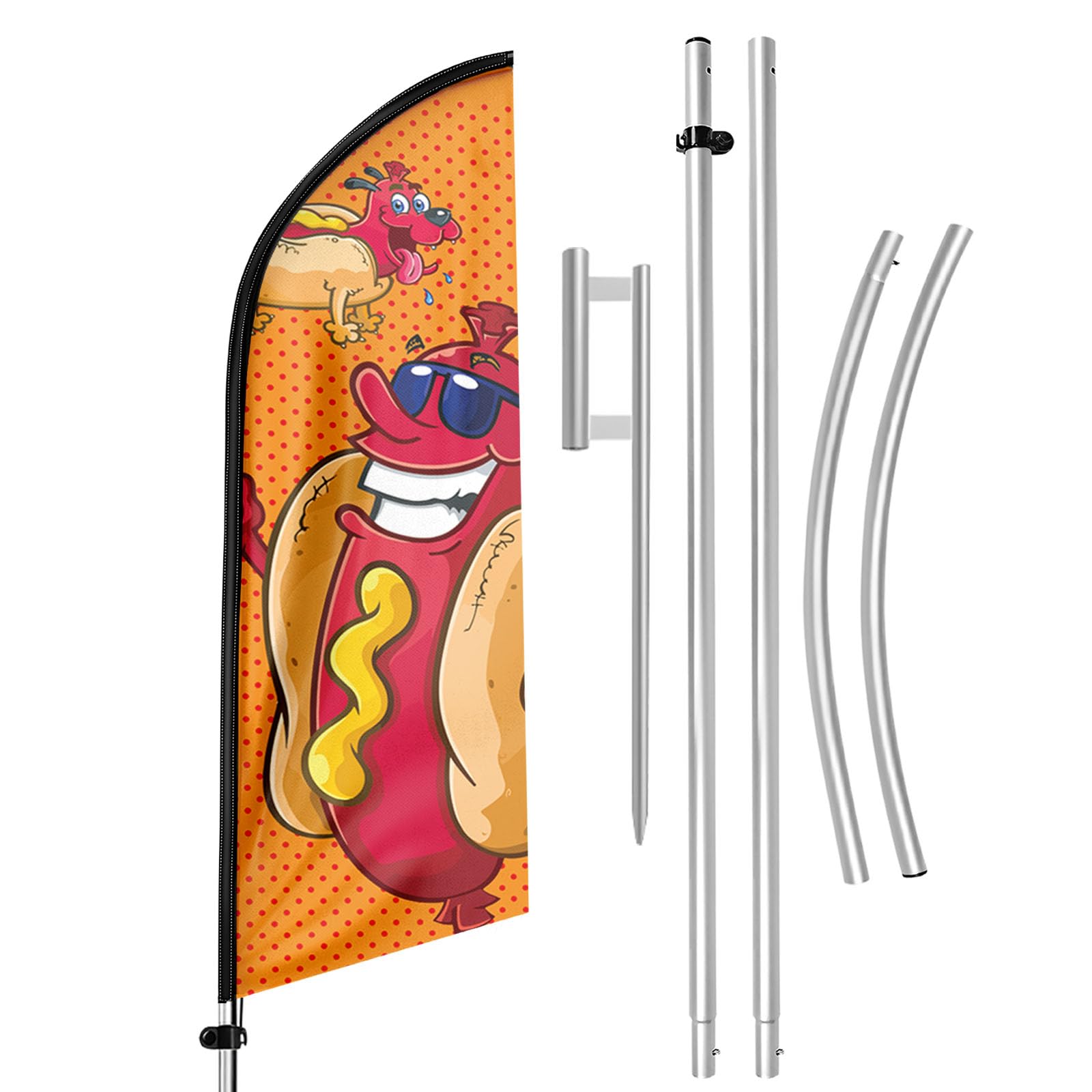 QSUM Hot Dog Feather Flag 11FT, Swooper Flag Kit with Pole and Ground Spike, Hot Dog Signs, Outdoor Advertising Banner for Food Stands, Restaurants, Events