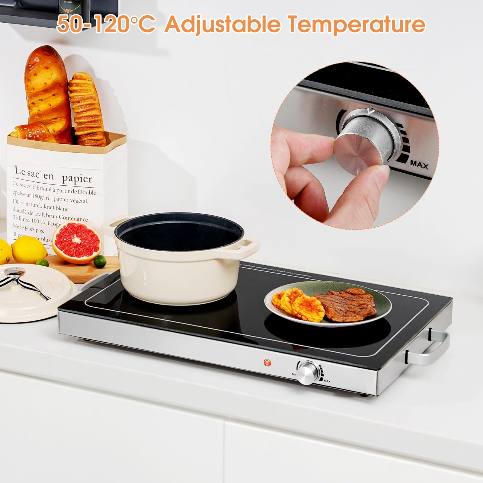 RELAX4LIFE Chauffe-Plat Électrique 300W avec Plaque en Verre Trempé 56 × 36 cm & Poignées Latérales en INOX pour Maintenir au Chaud, Traiteur, Buffet & Fête, Chauffe Rapide…