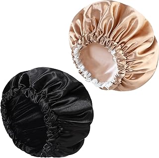 Sponsored Ad - Hetiancha 2 Pieses Satin Bonnet Adjustable Sleep Cap for Women Girls Reversible Double Layer Large Sleep Cap