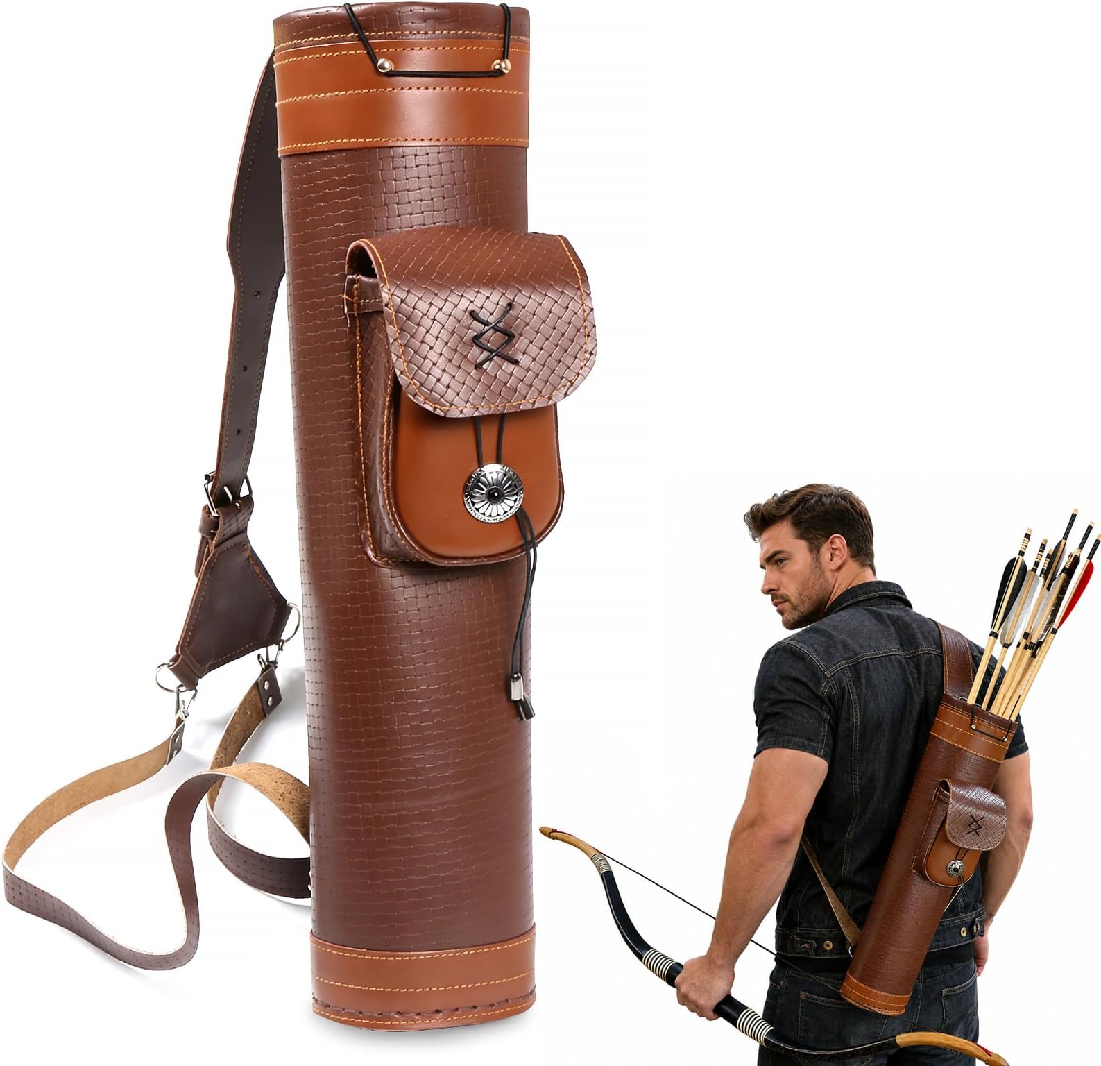 TOPARCHERY Traditional Shoulder Back Quiver Bow Leather Arrow Holder with Large Pouch Handmade Straps Belt Bag Brown