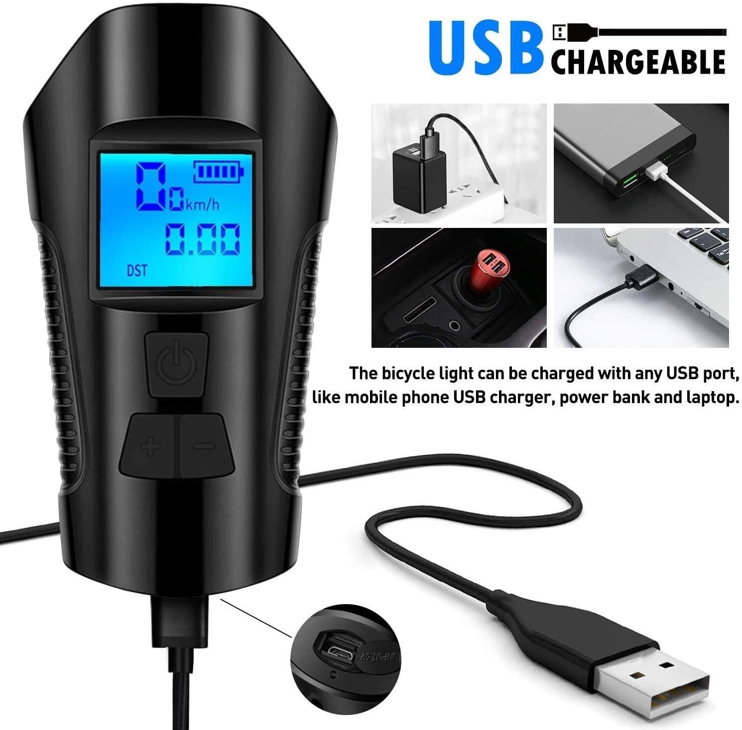 The Lights on The Handlebars Bike Light Set USB Rechargeable Bicycle Light Front Back Super Bright Waterproof Bicycle Odometer Speedometer 4 Light Modes & Trumpet Fits All Bicycles, Mountain, Road