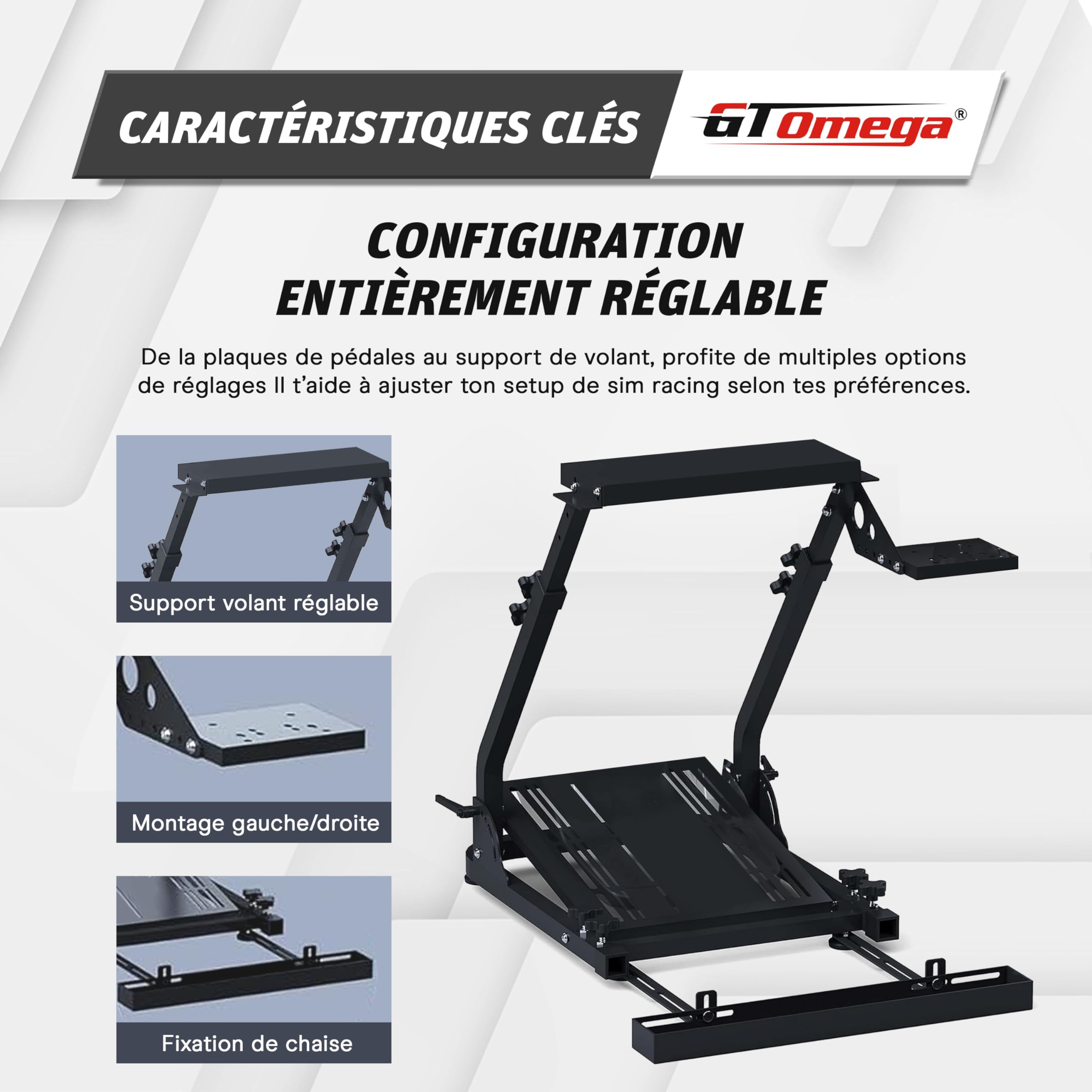 GT OMEGA Classic Wheel Stand – Support Volant Pliable d’Entrée de Gamme, Pré-équipé d’un Support Levier et Chair Link Inclus, Réglable et Prêt à Évoluer