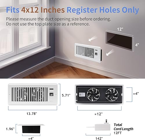 Miniatura 5 de Ventilador de refuerzo de registro súper silencioso de 4 x 12 pulgadas - Control inteligente de termostato ventilador de ventilación - Calefacción
