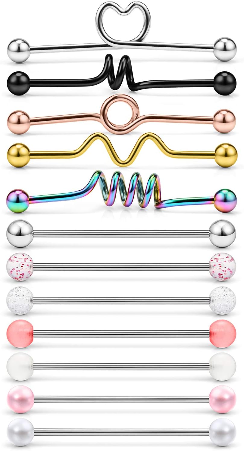 12Pcs 16G Surgical Steel Industrial Barbell for Women Men Cartilage Earring Helix Rings Piercing Jewelry Bar Length 38mm (1 1/2 Inch)