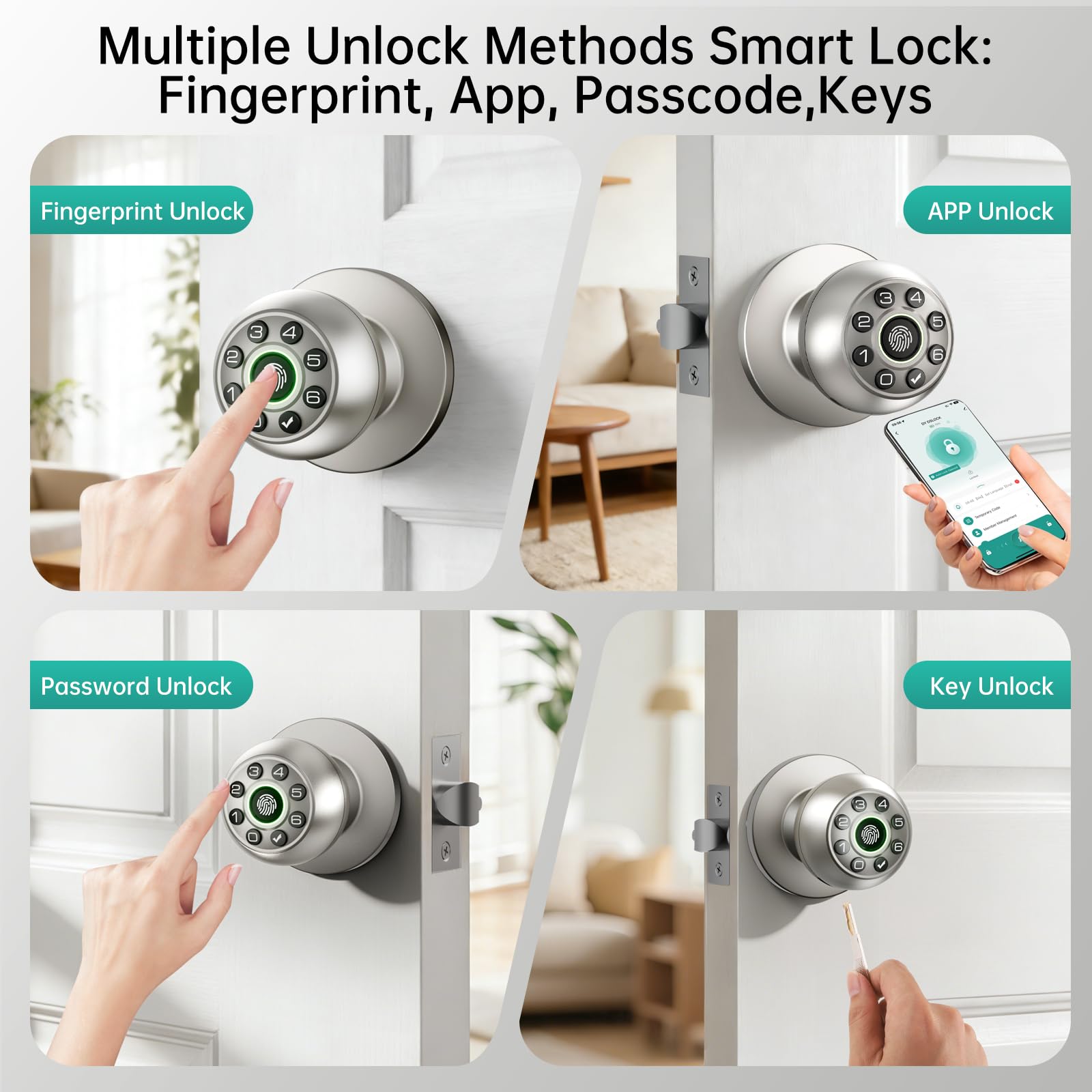 Serrure de porte à empreintes digitales – Bouton de porte intelligent, serrure de porte biométrique avec clavier et code de passe pour chambre à coucher, bureau à domicile (argenté)