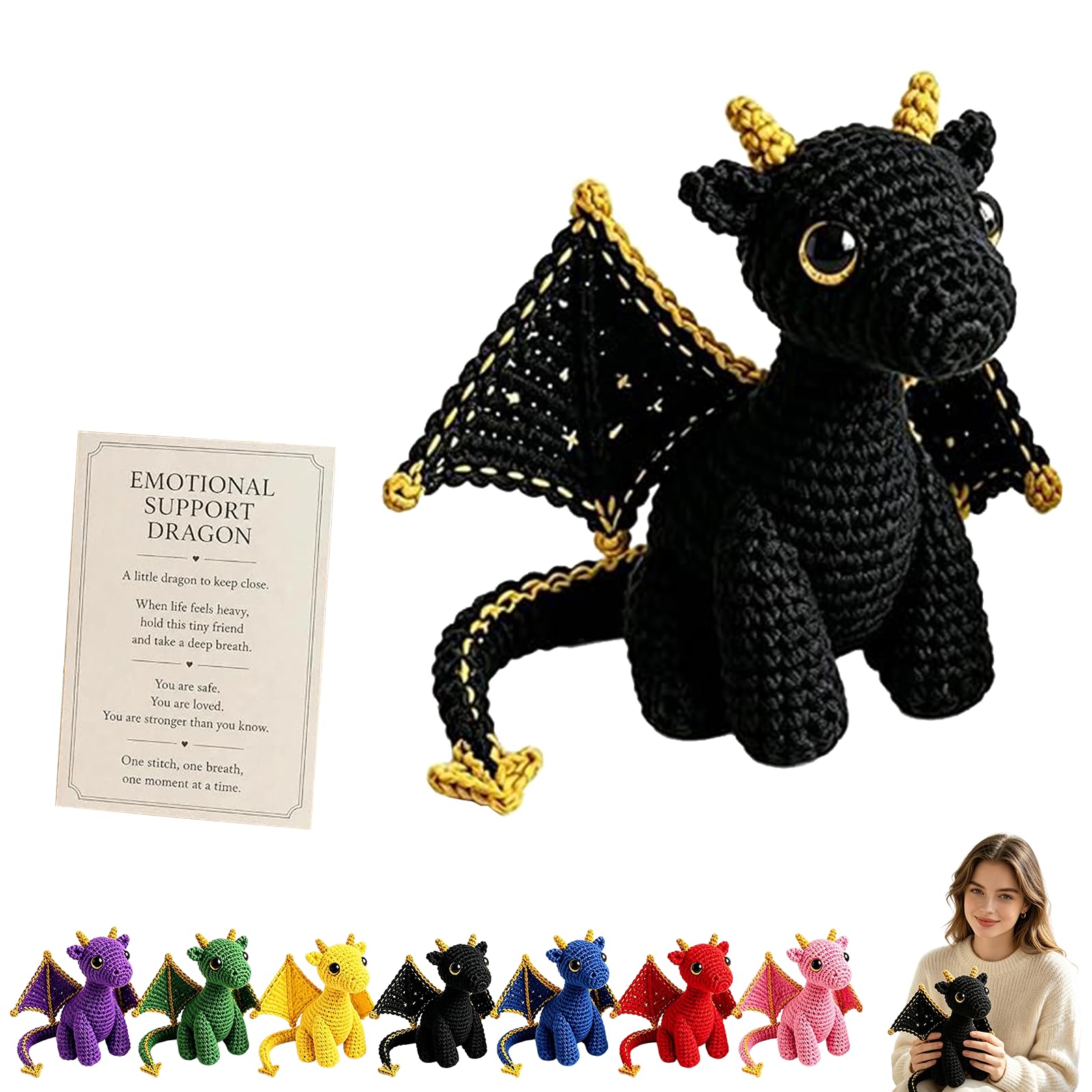 Emotional Support Dragon Pocket Buddy, Inspirational Crochet Animals Stress Relief Gifts,Handmade Knitted Wing Dragon Desk Keepsake with Motivational Cards,B — image 1