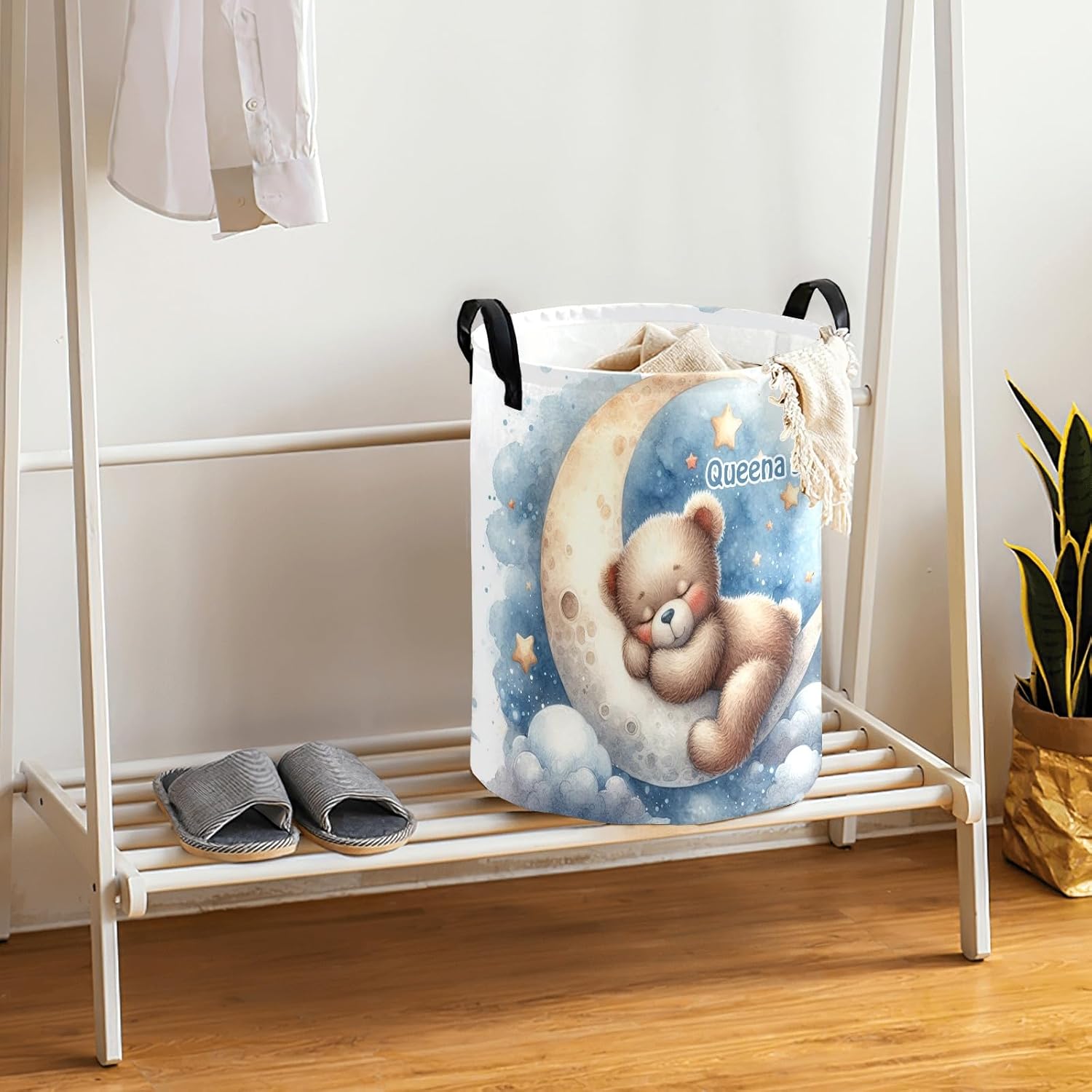 Teddy Bear Reaching Stars Storage Bin, Waterproof Oxford Fabric Clothes Basket Organizer for Laundry Hamper,Toy Bins,Gift Baskets, Bedroom, Clothes,Baby Nursery