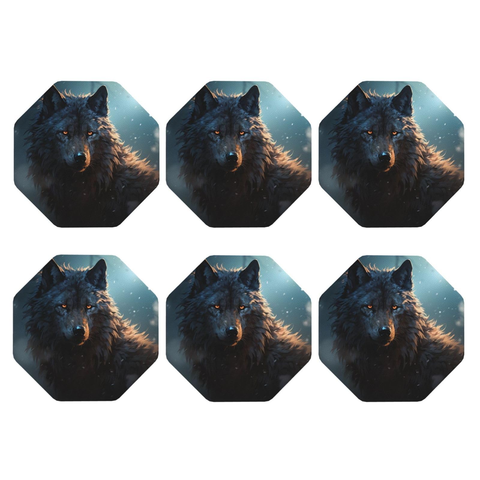 6pcs Leather Coasters for Drinks, Fantasy Wolf Drink Coasters for Tabletop Protection, 4" Cup Coasters for Coffee Table Decor, Non-Slip Drinking Cup Mat for Hot Or Cold Drink