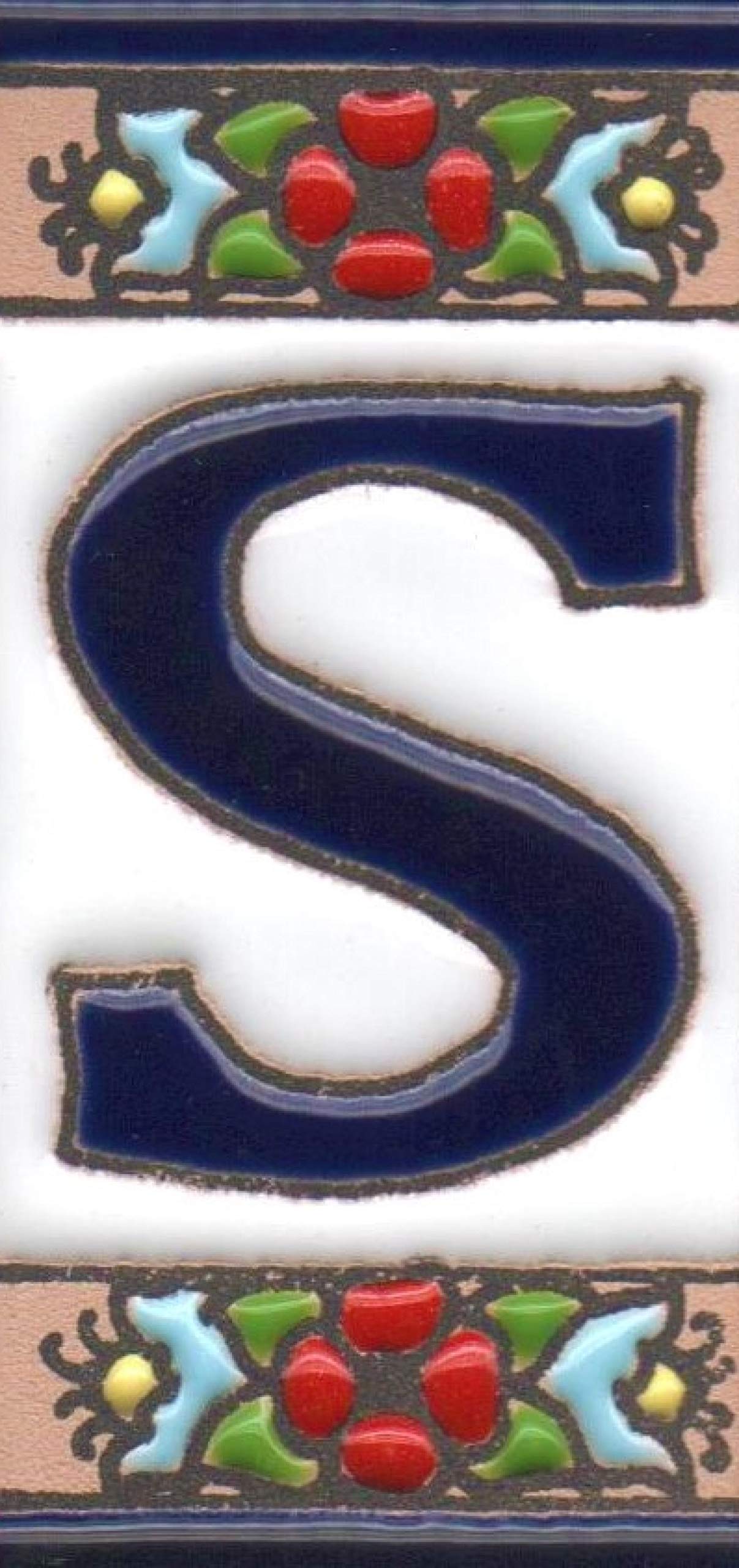 Spanish 7.5cm x 3.5cm Floral Cherry flower hand-painted Ceramic Numbers, Letters, Tiles & Filigree Metal Frames (S)