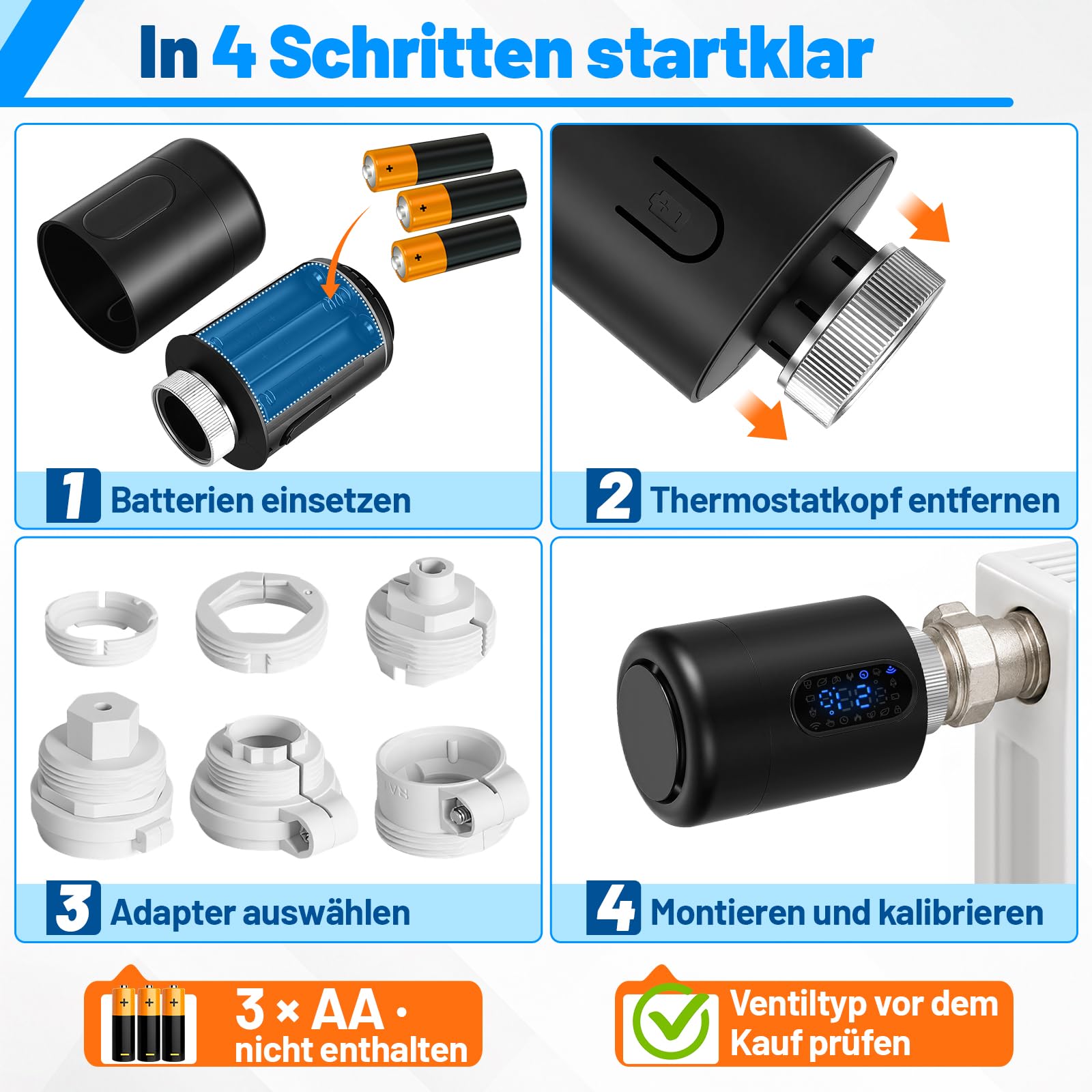 Lot de 2 thermostats de radiateur par application hebdomadaire Noir