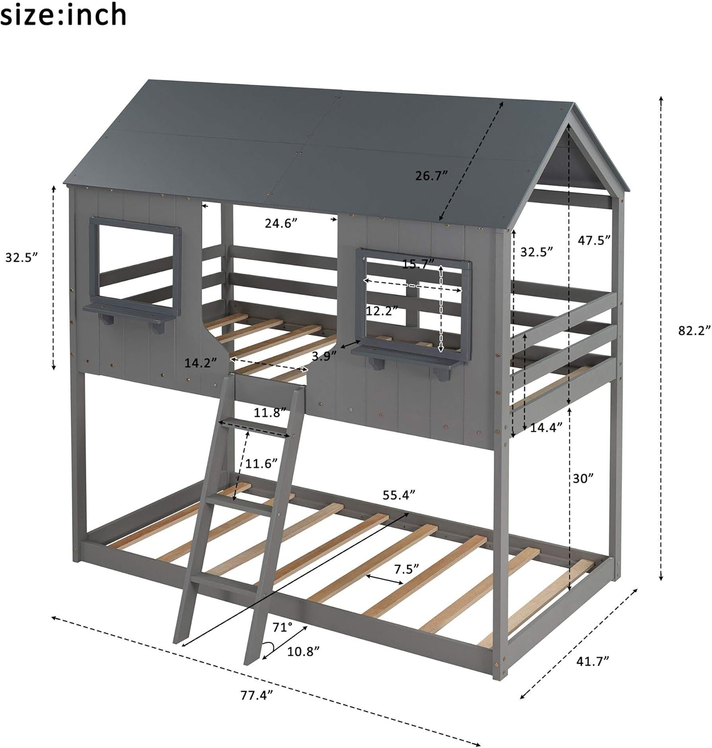 Harper & Bright Designs House bunk Bed Twin Over Twin, Low Bunk Bed Frame Wood Bunk Bed with Roof, Window, Guardrail, Ladder for Kids, Teens, Girls, Boys,No Box Spring Needed,Grey