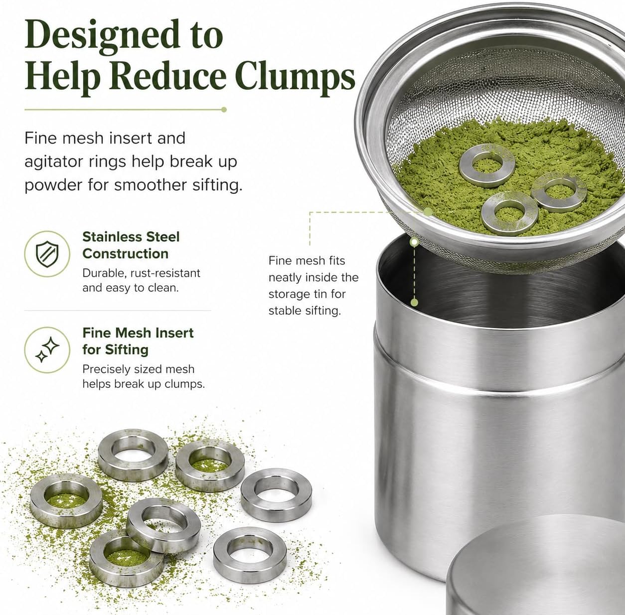 Xuronex 2-Pack Matcha Powder Sifter and Storage Tin Set, Stainless Steel Matcha Shaker Canisters with Agitator Rings, Tea Powder Organizer for Matcha Latte, Kitchen, Tea Bar and Coffee Station