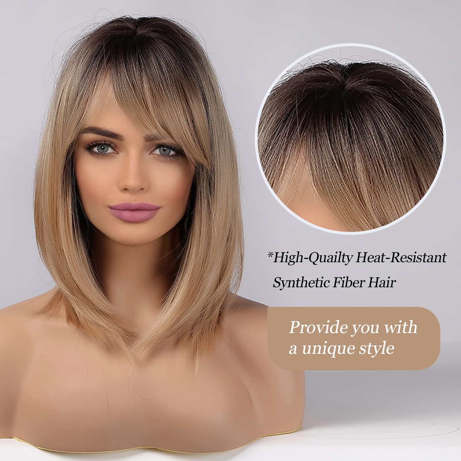 HAIRCUBE recto y corto encanto Bob lleva peluca para mujeres fiesta de fibra sintética resistente al calor natural/juego de roles/ropa/peluca diaria (Raíces marrones sombras Rubias) — view 5