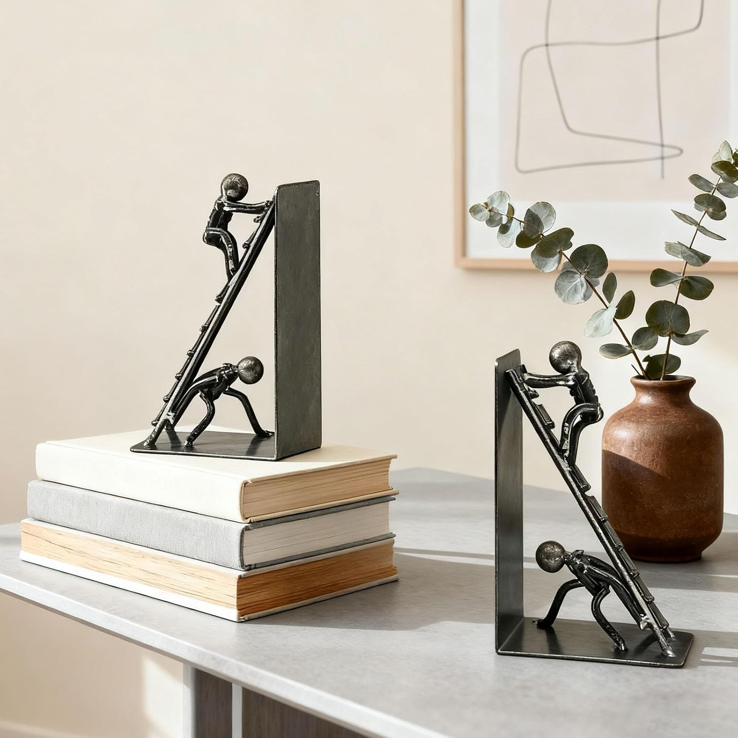 Black Decorative Bookends, Cast Iron Book Stand to Hold Books Heavy Duty, Book Stoppers for Home Decor, Office Desk, Living Room Decor