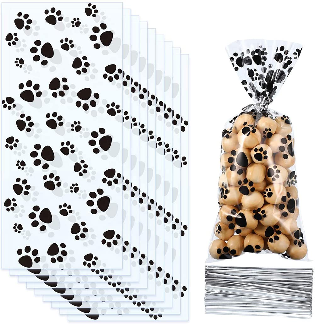 100 Pcs Clear Treat Bags Paw Print Cellophane Bags Pet Gift Bags Plastic Candy Bags with Ties