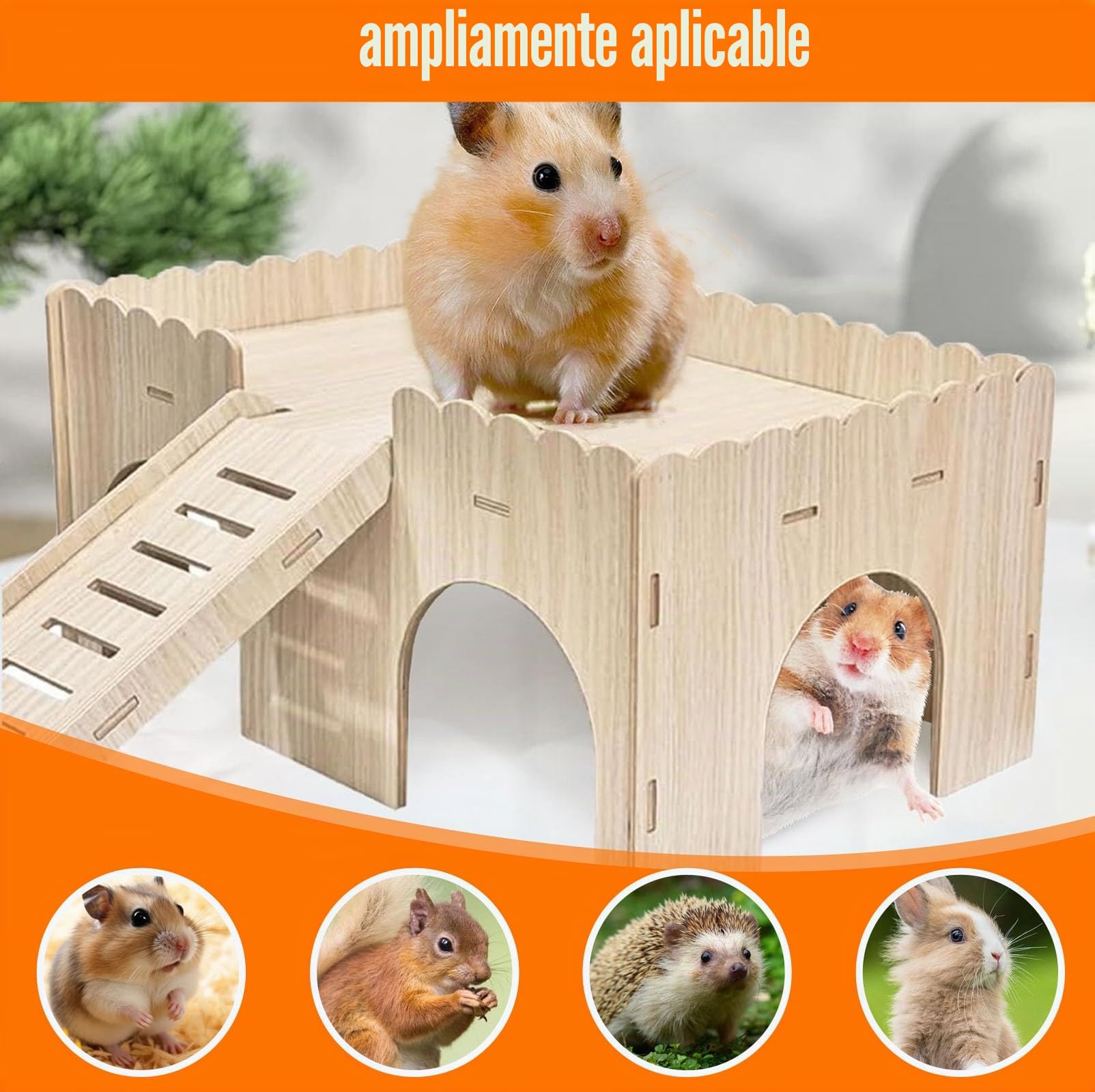 Casa de Cobayas Madera Natural con 4 Cuevas y Rampa Extraíbles, 38x25x18cm Castillo Conejo Gran, Accesorios Juguete Mascotas Pequeñas para Cobayas, Hámsteres, Chinchillas, Conejos Enanos y Hurones