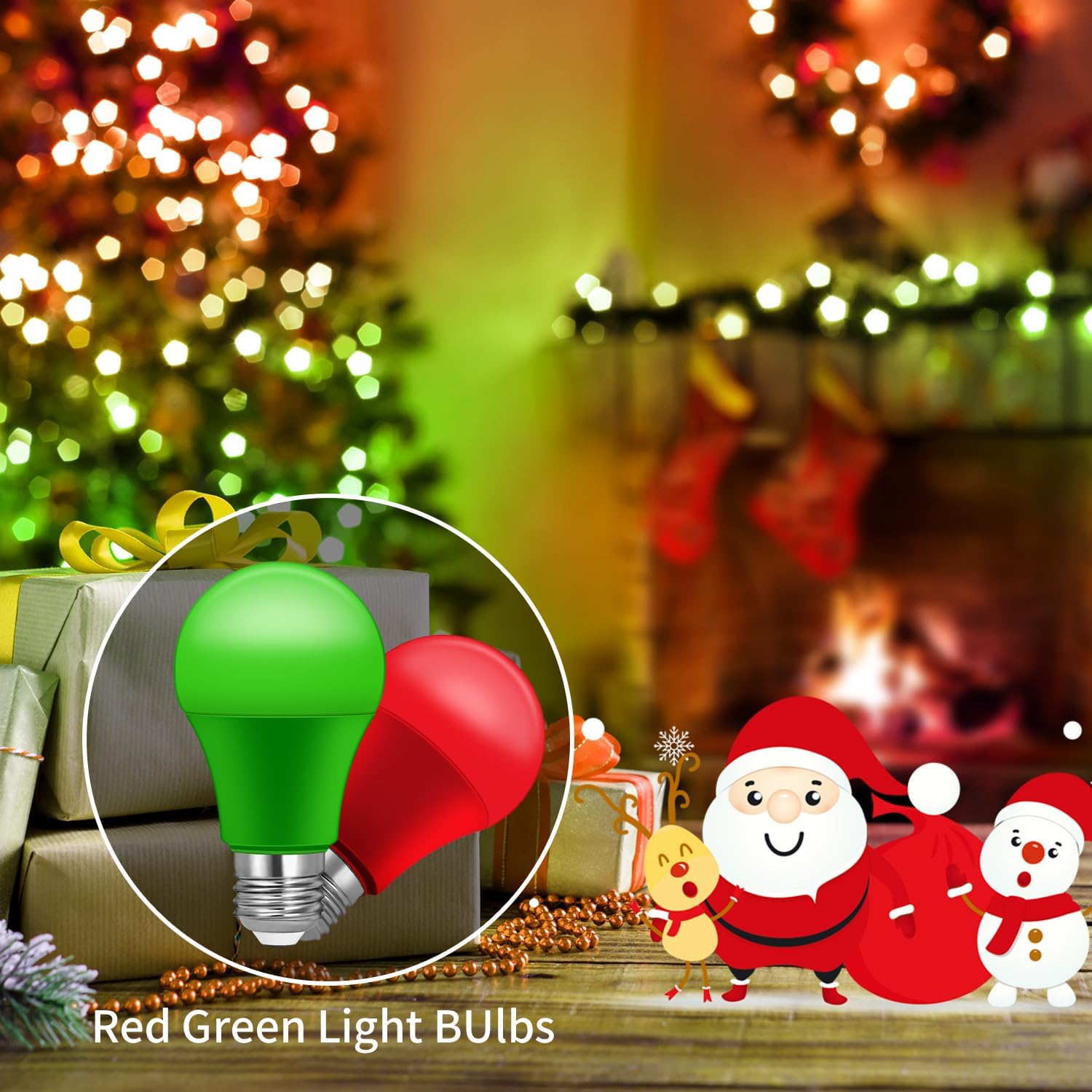 Red and Green Light Bulbs, 4 Pack, Christmas Light Bulbs, A19 LED Red Light Bulb, Green Light Bulb, 60W Equivalent 9W E26 Porch Outdoor for Christmas, Party, Home Lighting