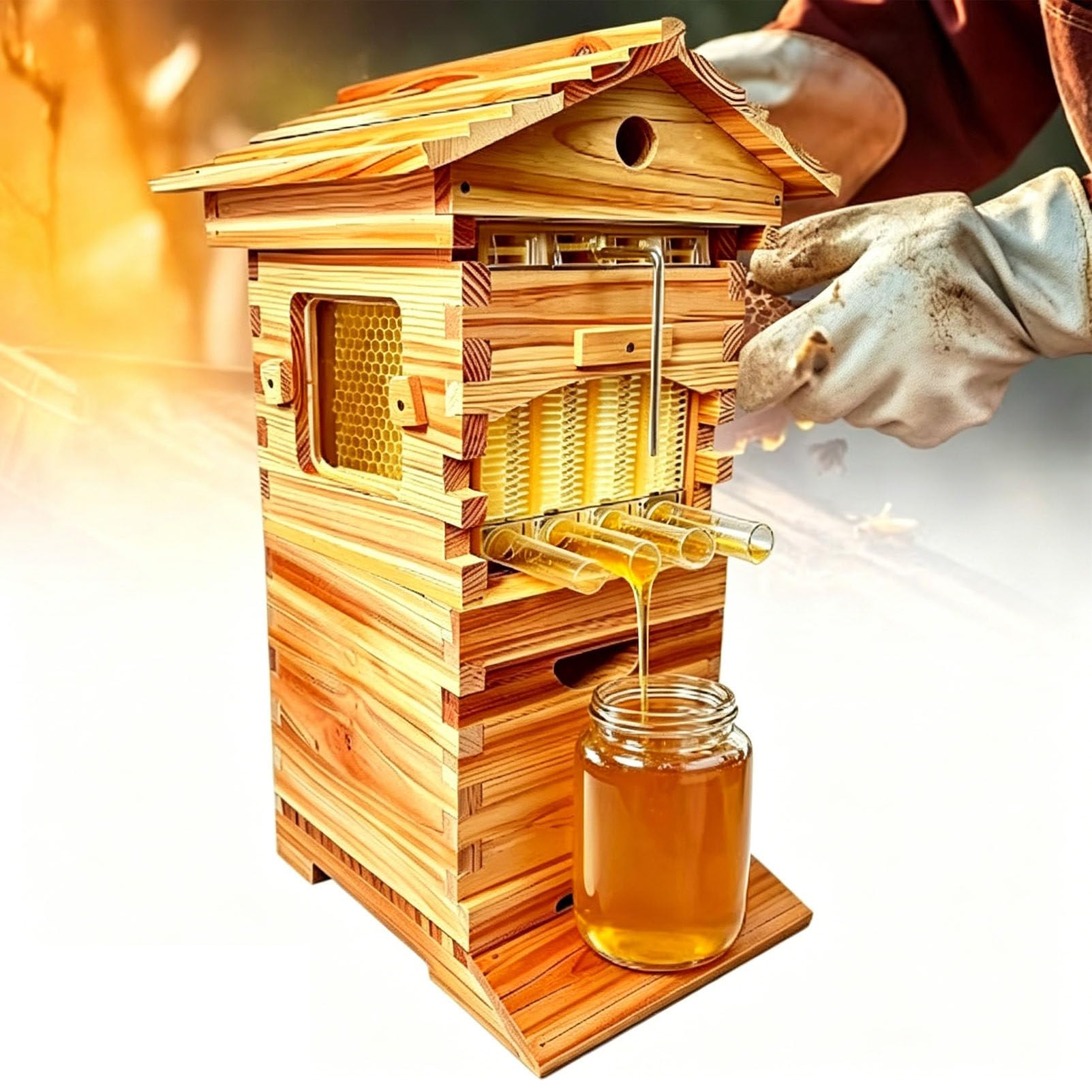 OzcNykt Auto Honey Harvest Beehive with 4Flow Frames, Bee Hives Boxes Starter Kit, No Opening Beekeeping Equipment for Stress-Free Harvest