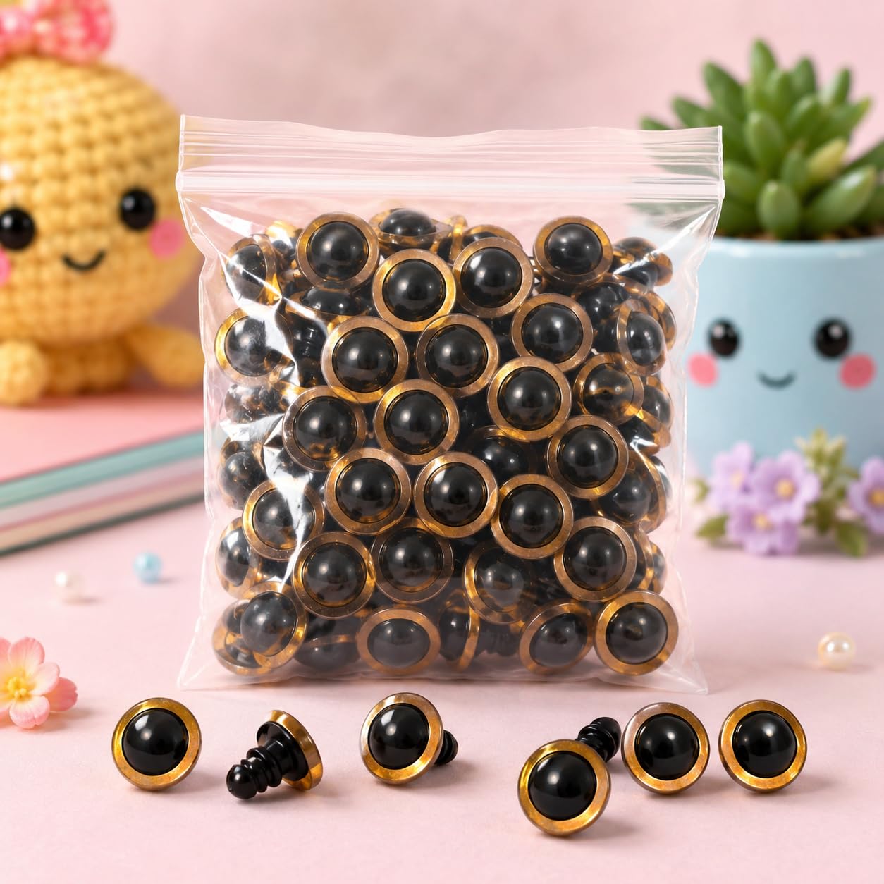 15mm Plastic Safety Eyes for Soft Toys & Amigurumi – Golden Border Black Eyes – 25 Pieces/Packet – Craft & Doll Making Accessories Animal Puppet Toys Crafts DIY Making Collections-image-24