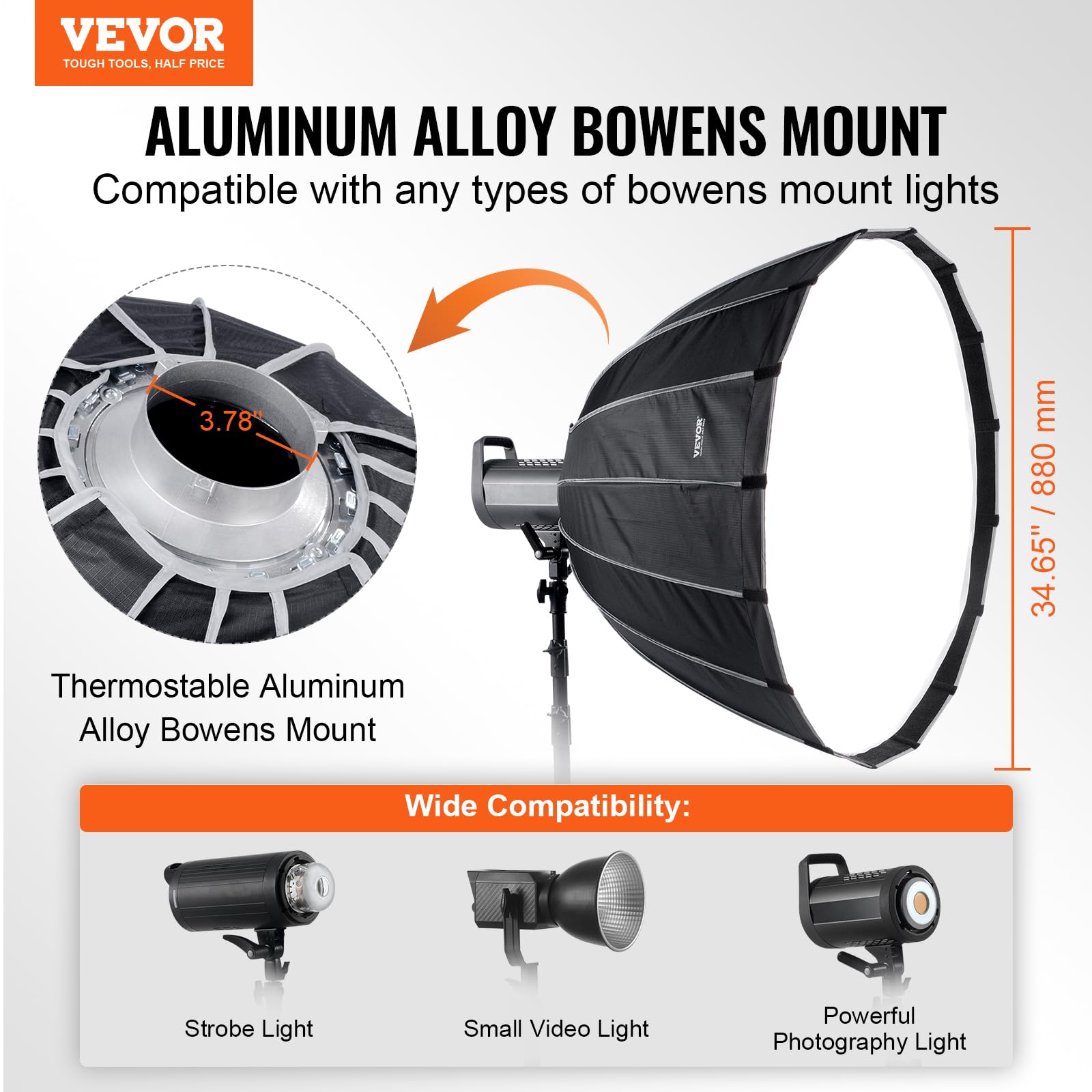 VEVOR Softbox Parabólico de 880 x 880 x 780 mm, Liberación Rápida y Plegado Ligero y Portátil, Montura Bowens Universal, 4 Efectos de Iluminación Apto para Fotografía Profesional, Filmación Diaria
