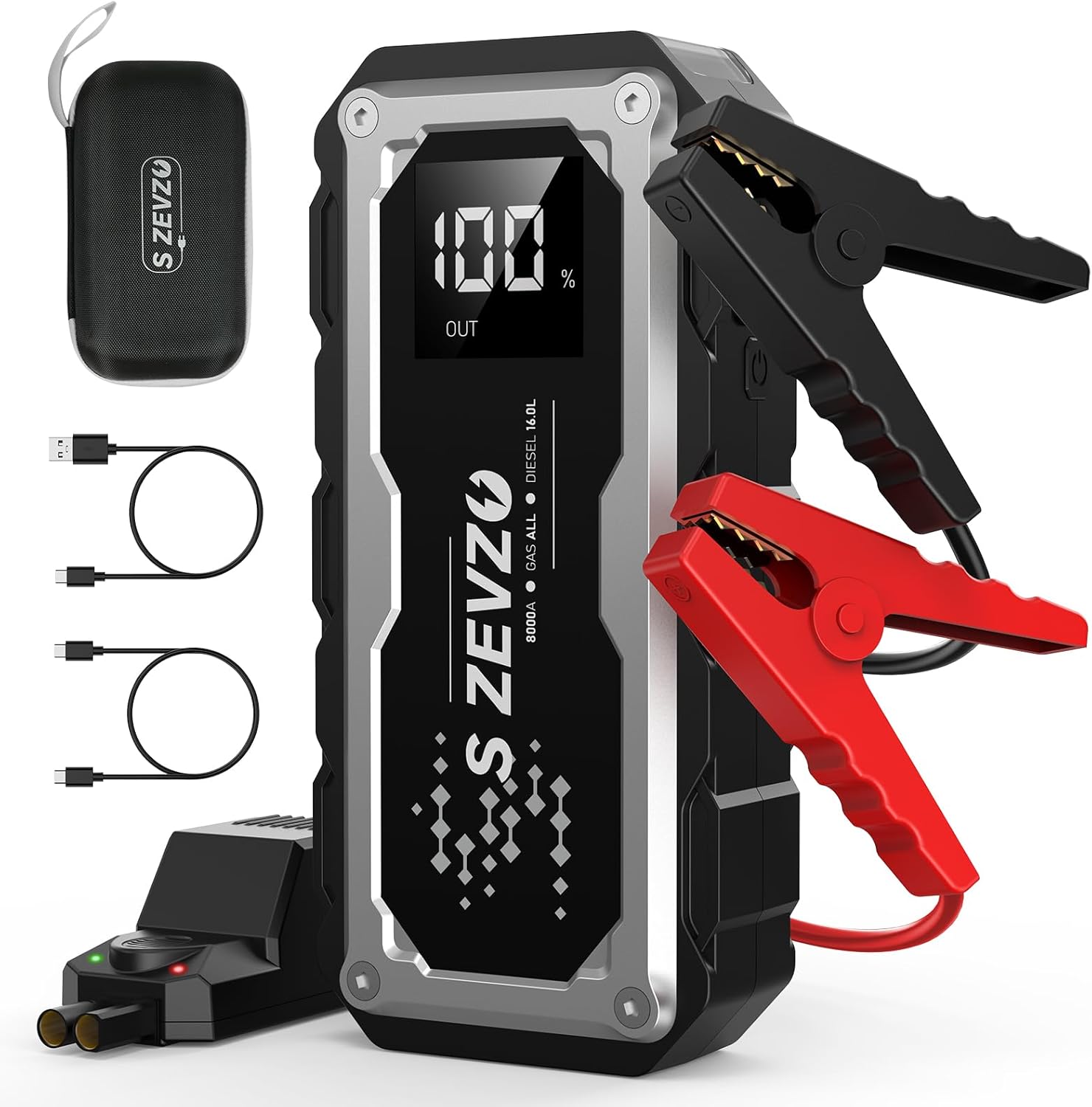 S ZEVZO ET5000 Car Battery Jump Starter 8000A Jump Box with PD 60W Fast Charging (All Gas/16.0L Diesel Engines), 99.9Wh 12V Portable Jump Starter Battery Pack with LCD Display, LED Light and Case