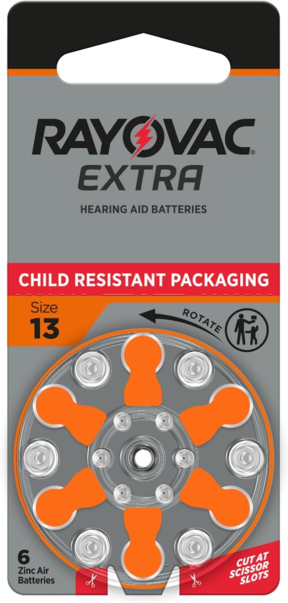 Rayovac Baterías para audífonos tamaño extra 13, potencia de larga duración, zinc-aire, sin mercurio, 1,45 V, embalaje mejorado a prueba de niños, reciclable, 60 unidades (10 paquetes de 6)