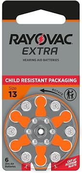 Rayovac Extra Size 13 Hearing Aid Batteries, Long-Lasting Power, Zinc-Air, Mercury Free, 1.45V, Improved Child-Resistant Packaging, Recyclable, 60 Count 10 Packs of 6