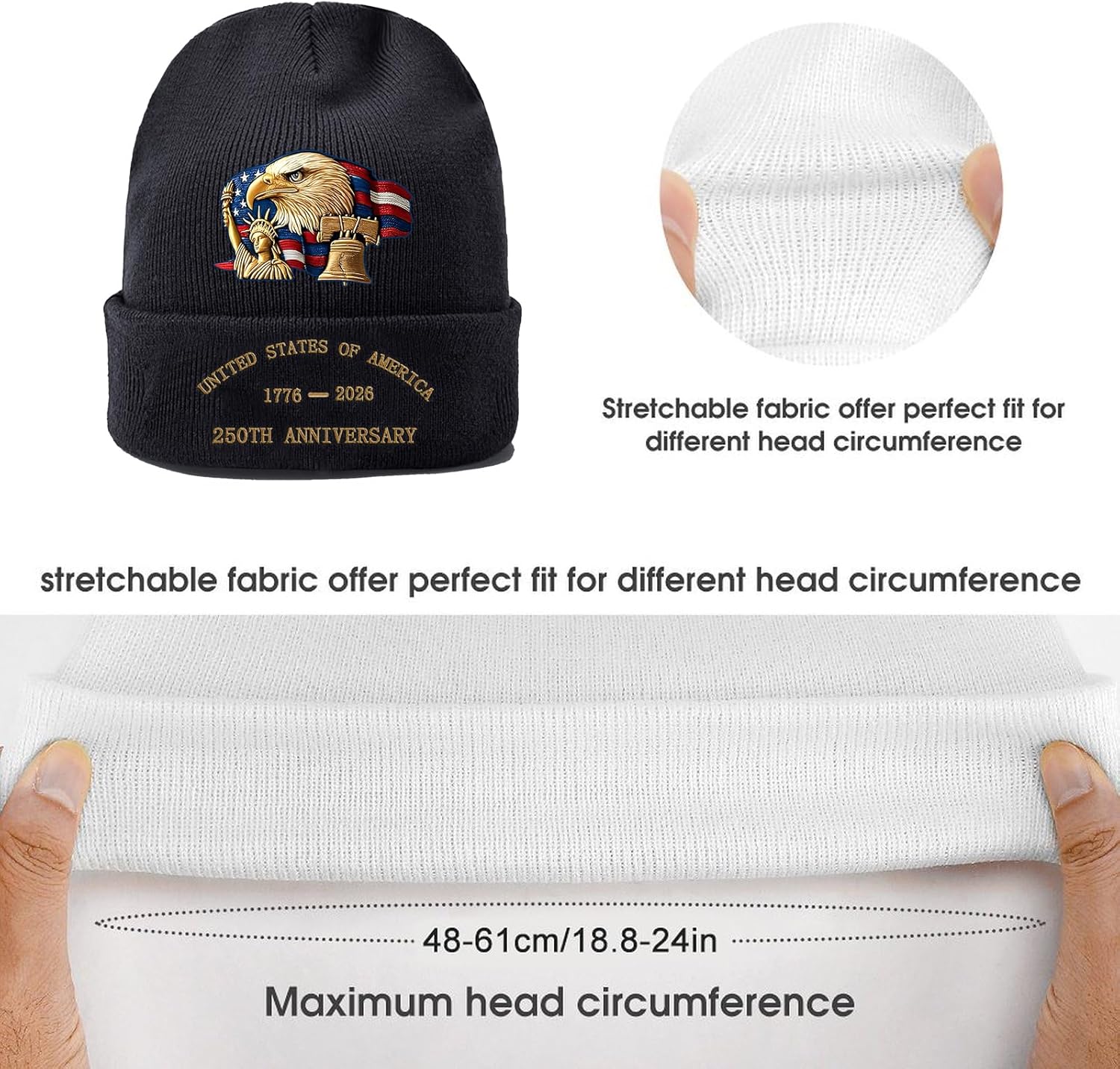 Liberty United States 250 Anniversary Skull Cap 250th Years Celebration Warm Knitted Hat 3D Printed & Embroidery - Image 4