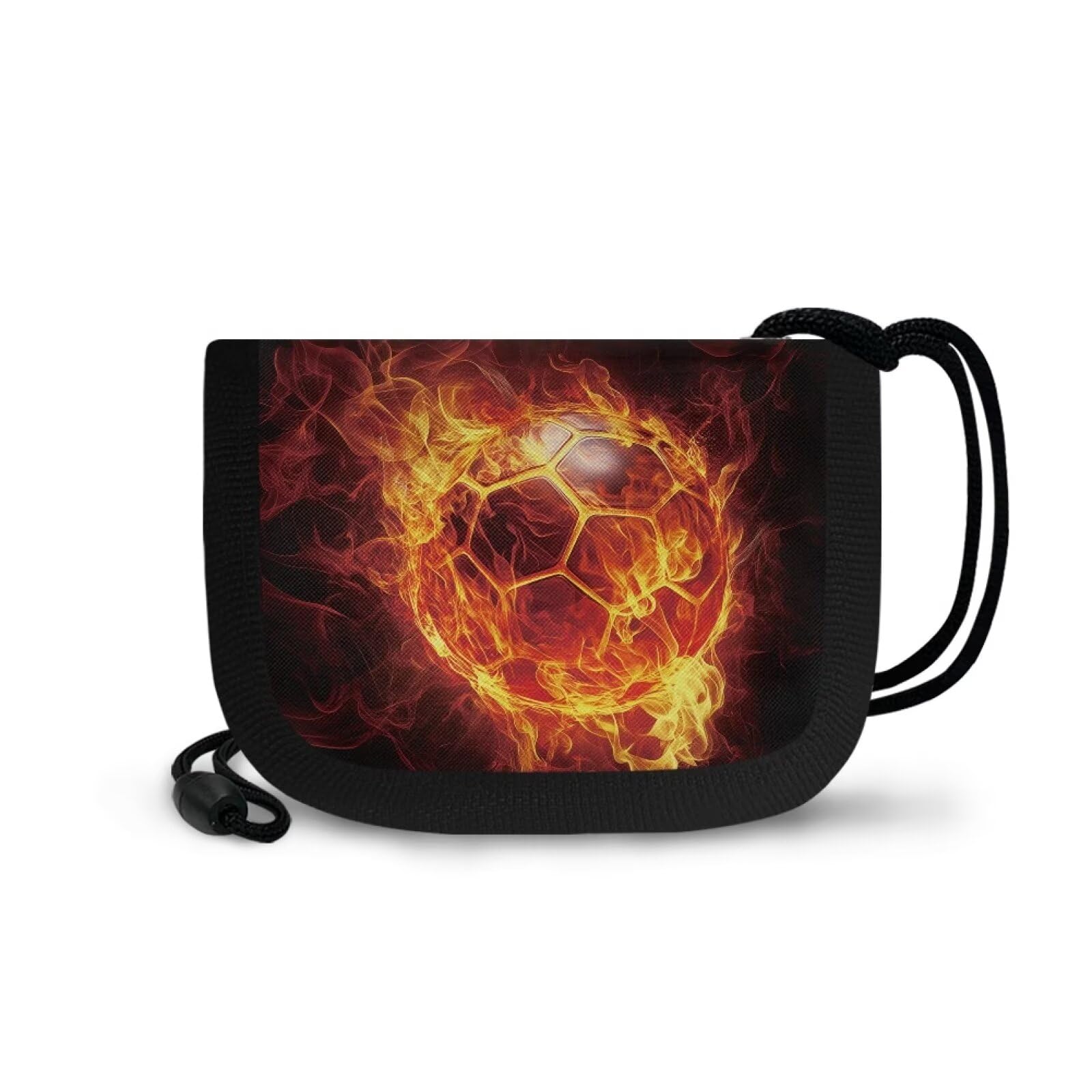 Rshubino Fire Soccer Kids Wallet for Boys Ages 6-8-12 Canvas Sports Wallet with Lanyard for Outdoor Waterproof Zipper Wallet for Travel Holiday Birthday