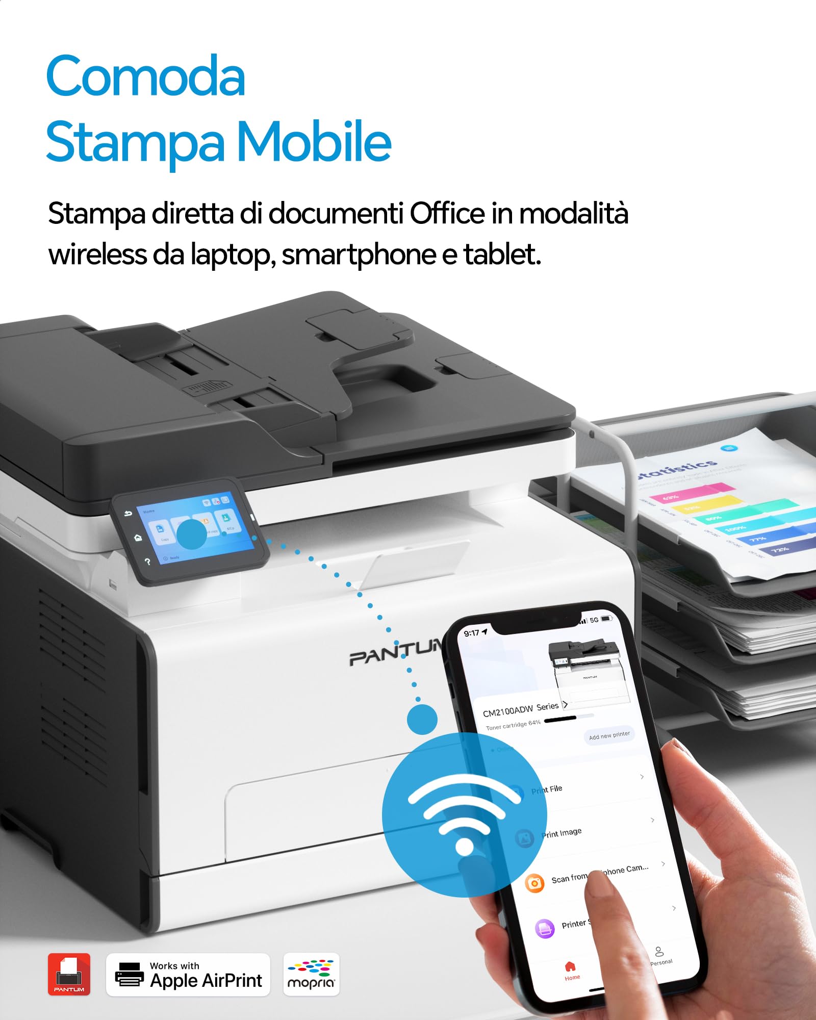 PANTUM Stampante Laser Colori CM2100ADW, multifunzione A4 stampa copia scansione ADF, fronte/retro automatica, WLAN NET USB, 20ppm