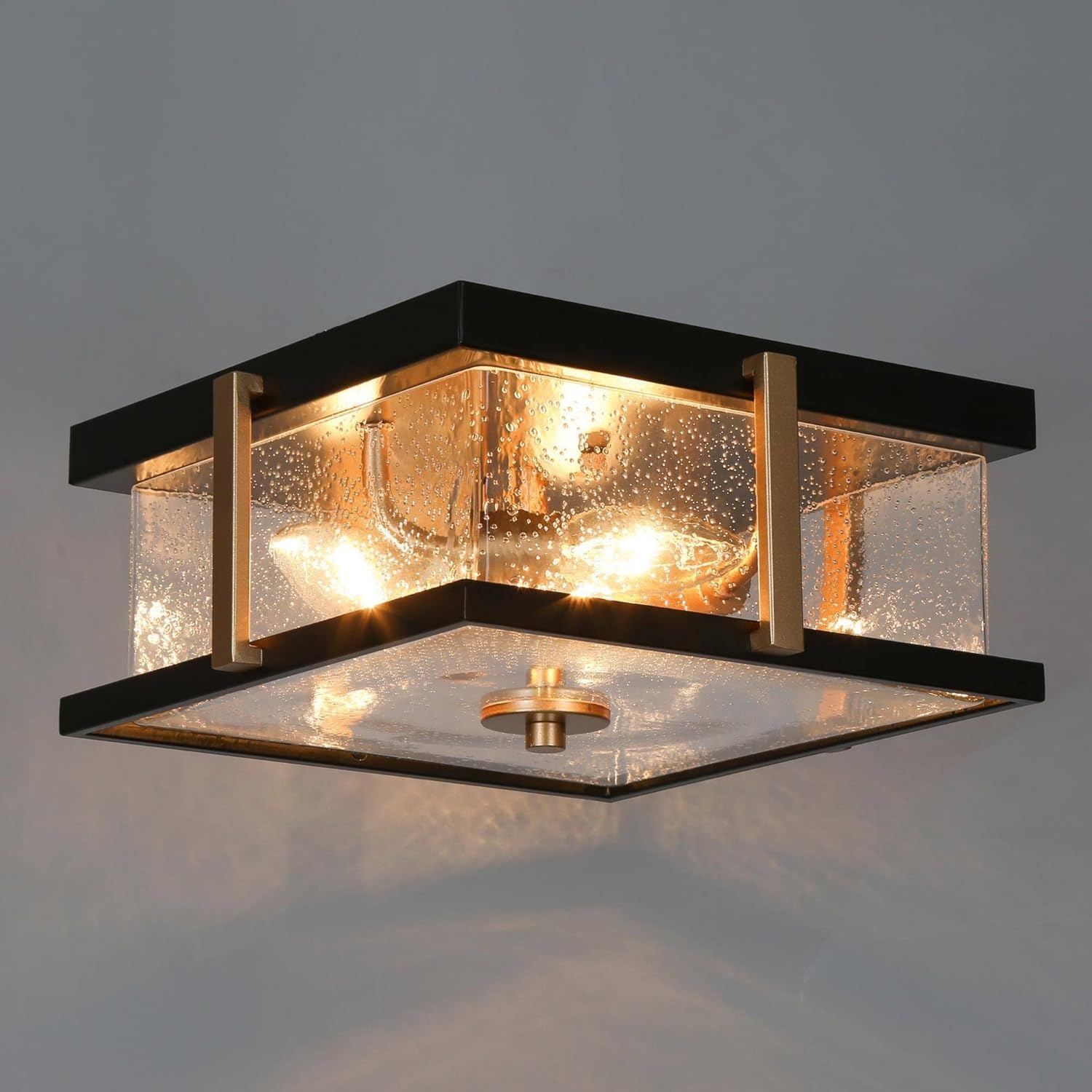ZEVNI Modern Black Gold Flush Mount Ceiling Light Fixtures, 3-Light Industrial Close to Ceiling Lighting with Seeded Glass Shade for Bedroom, Hallway, Foyer, Kitchen, Dining Room, 12" Dia